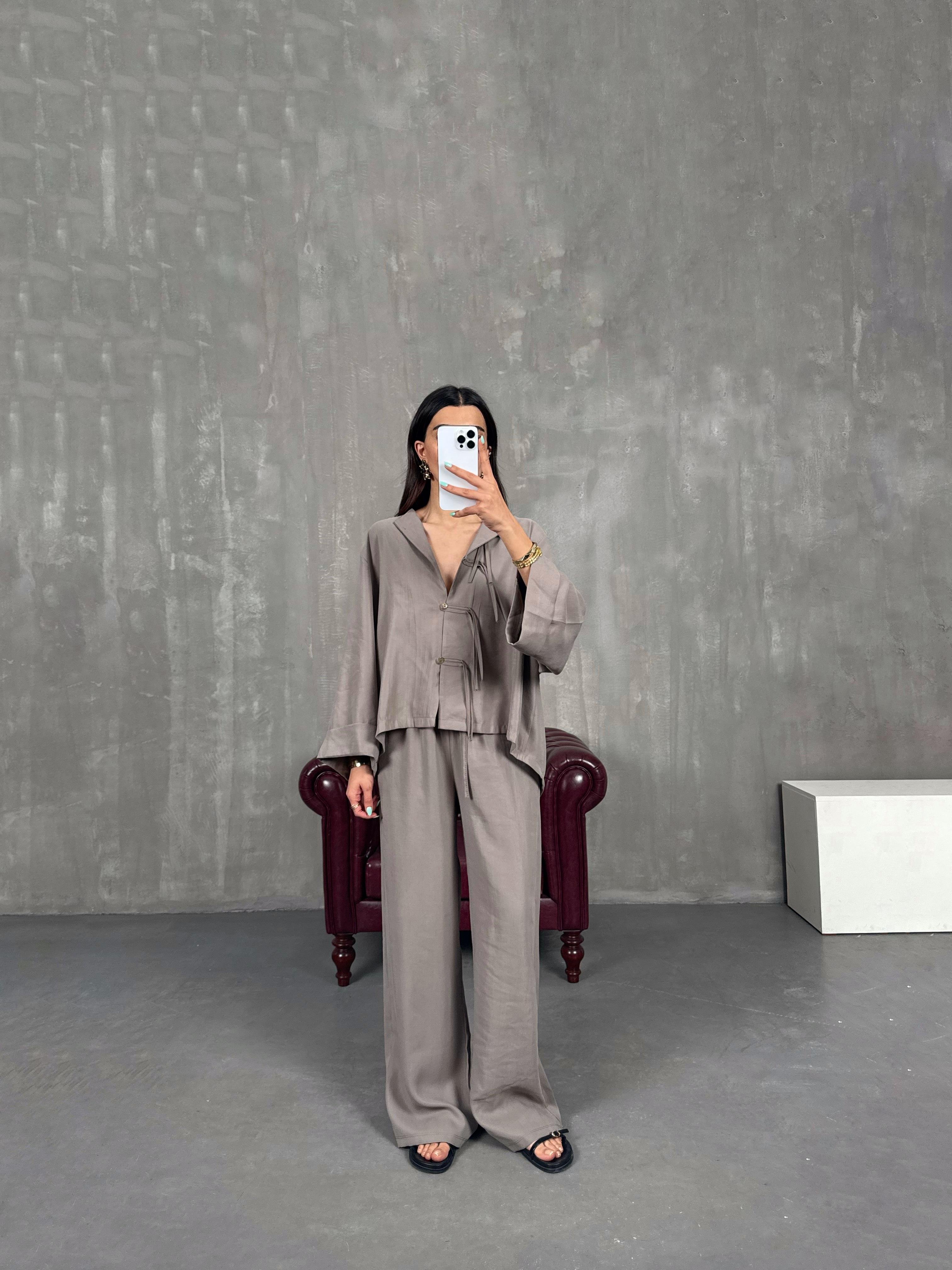 Vizon Yaka Düğmeli Gömlek Beli Lastikli Pantolon Tensel Takım Gaus00238GausTAKIMGU1001552