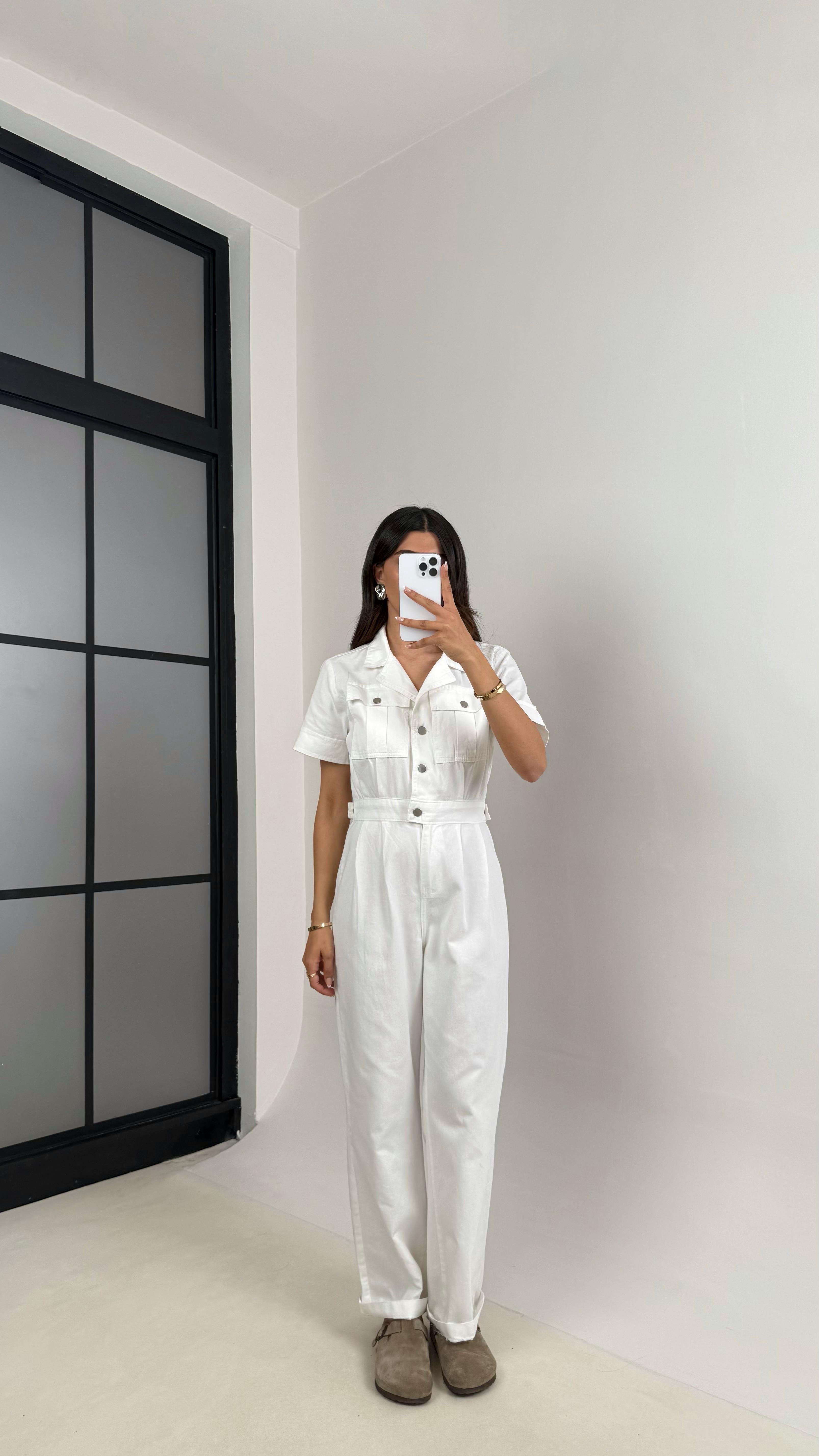 Beyaz Cep Detaylı Düğmeli Denim Tulum Gaus00529Gaus الأوفرول GU1002239