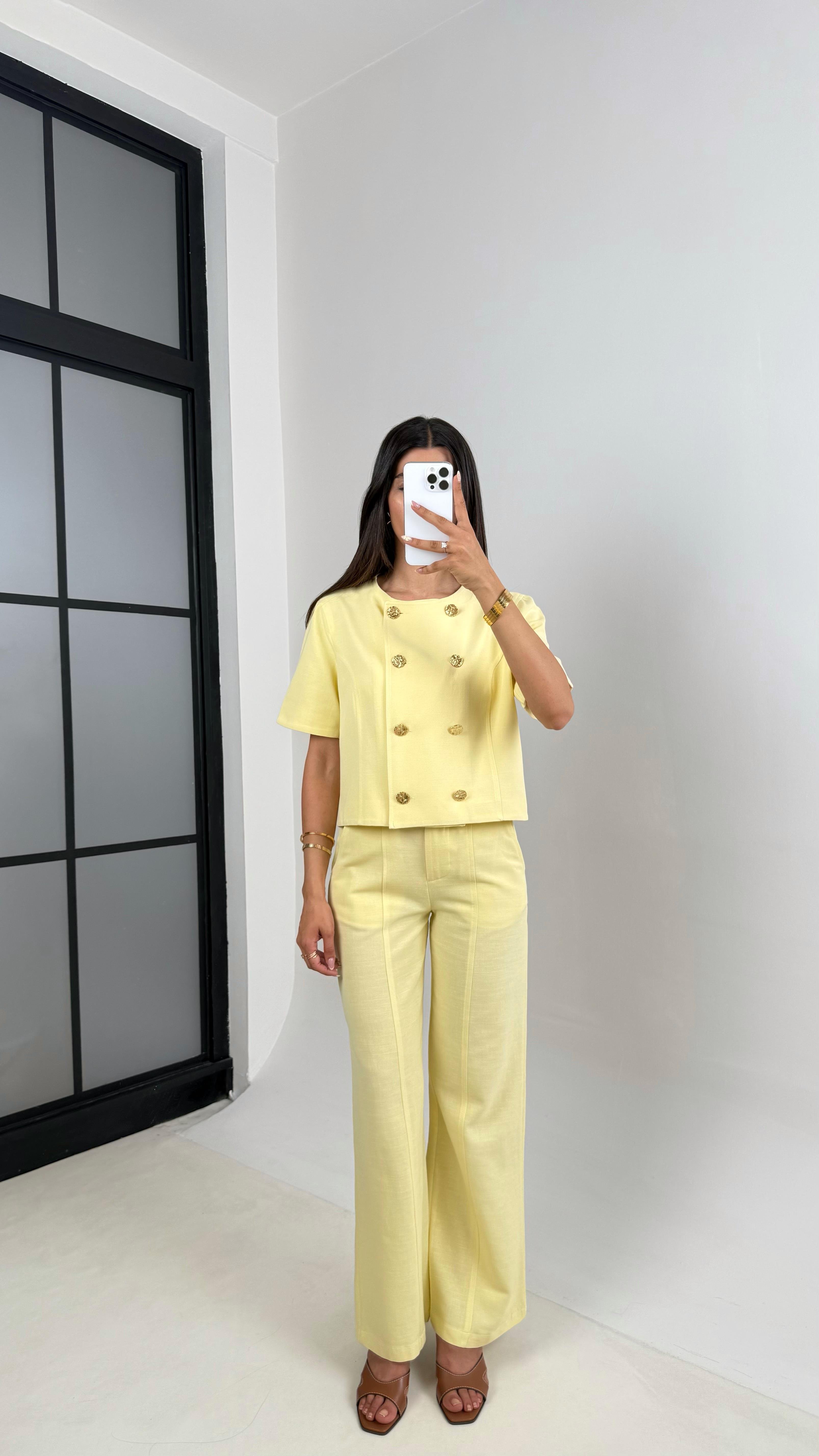 Sarı Önü Düğmeli Astarlı Yelek Cepli Pantolon İkili Keten Takım Gaus00670GausTAKIMGU1002548