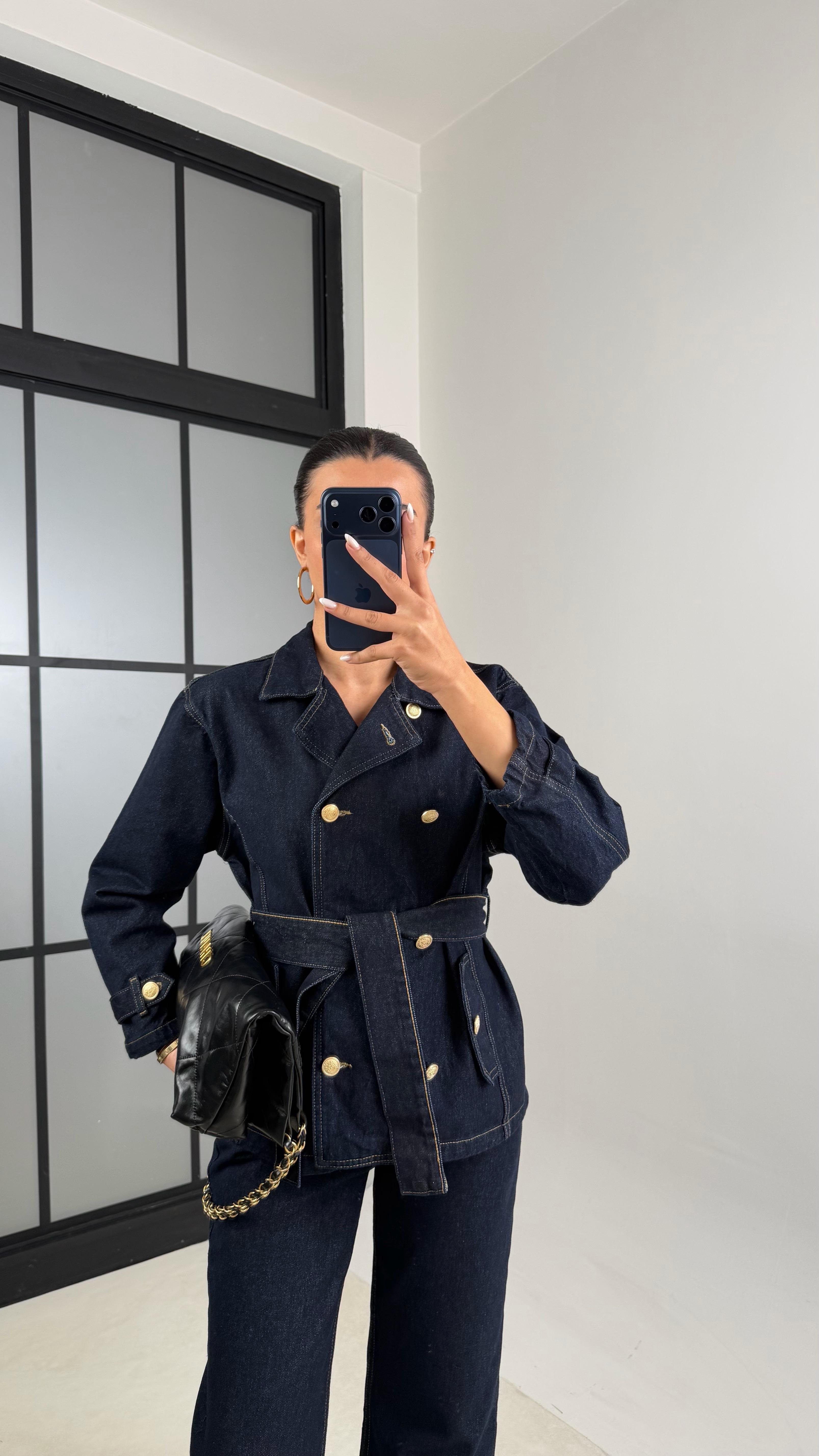 Lacivert Gold Düğmeli Cepli Kuşaklı Ceket Pantolon Denim Takım GAUS-00587GAUSTAKIMGAUS-00587