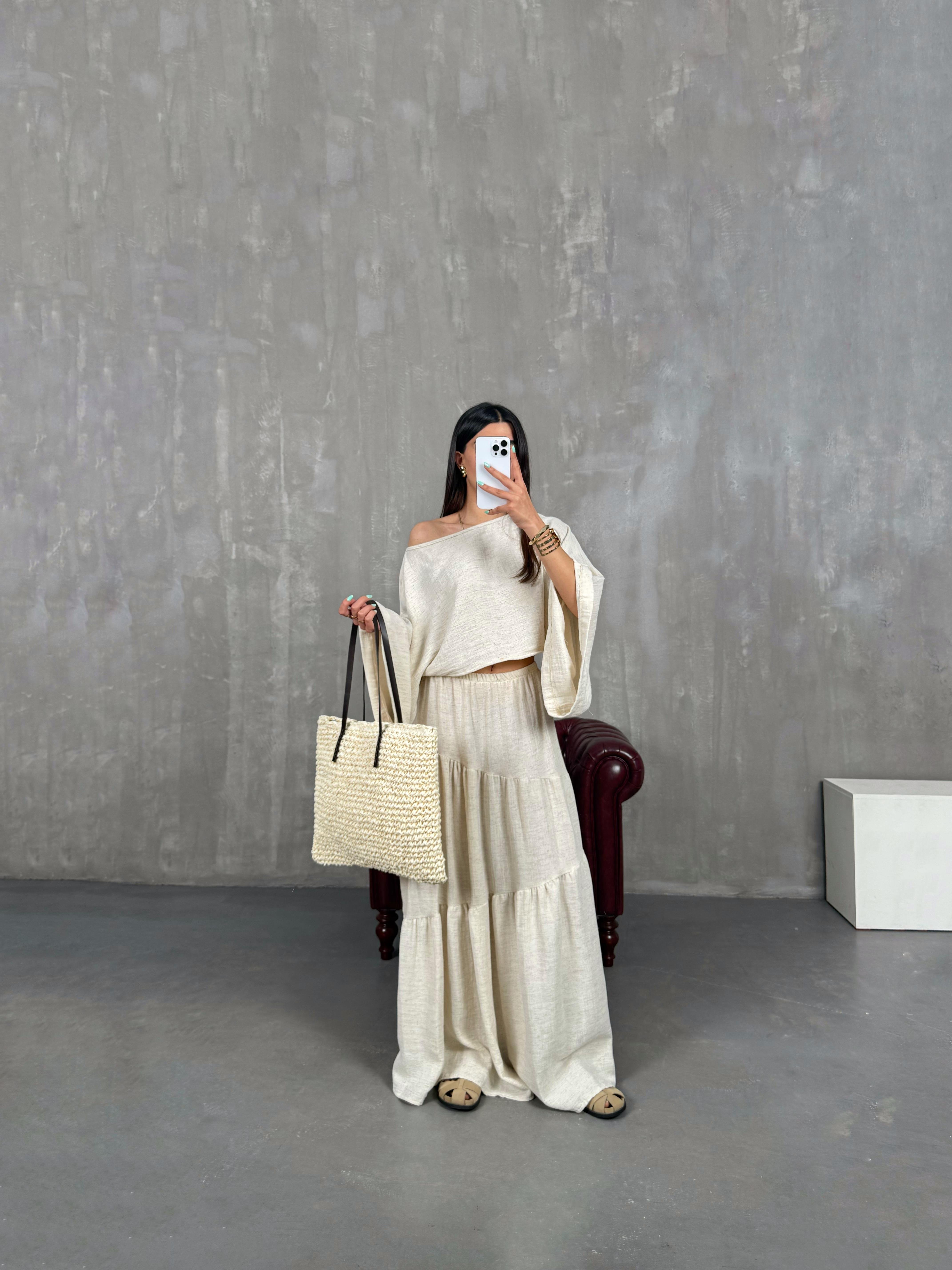 Taş Beli Lastikli Yırtmaçlı Etek Salaş İkili Keten Takım Gaus00249GausTAKIMGU1001575