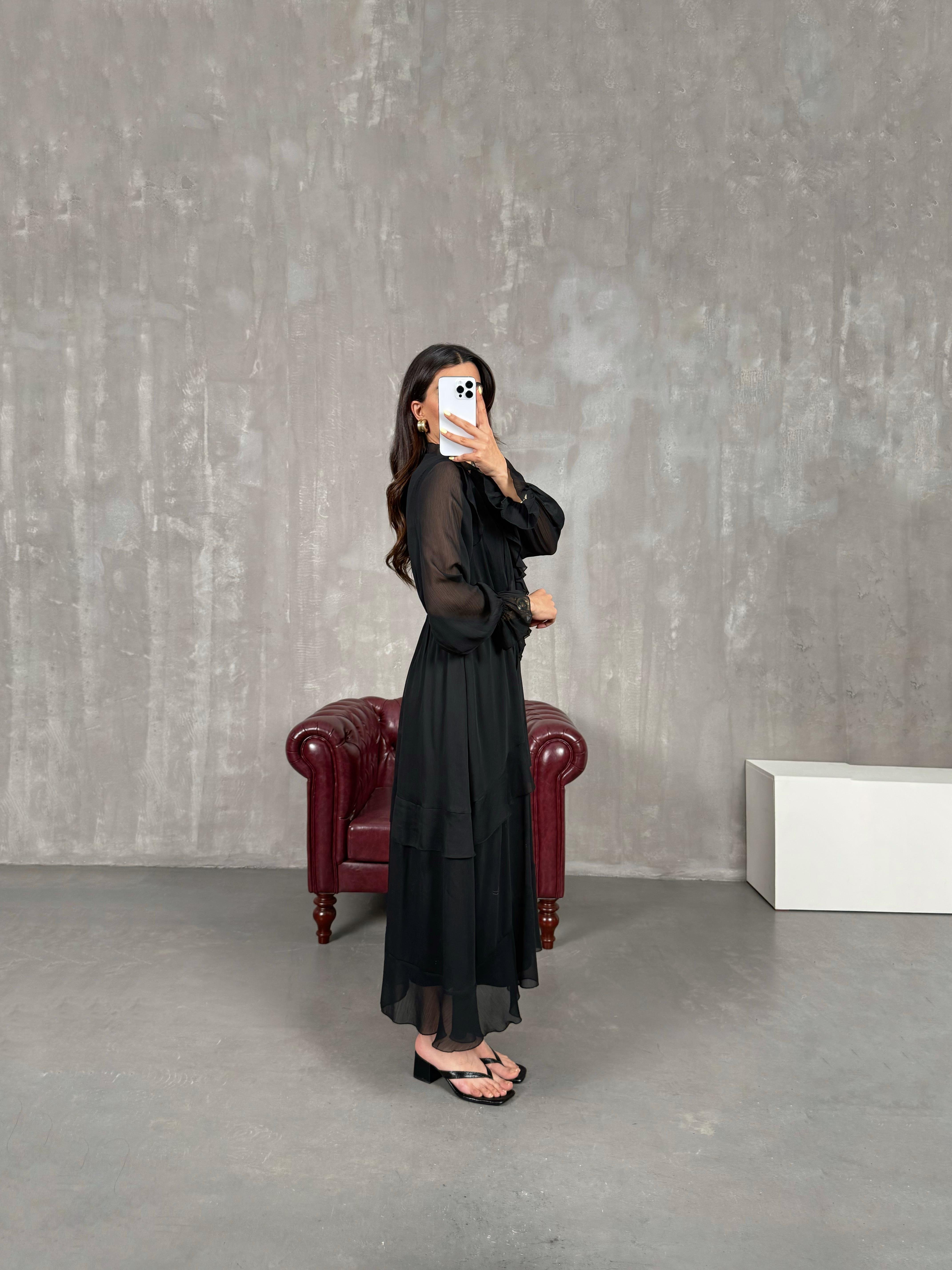 Siyah Astarlı Volanlı Şifon Elbise Gaus00138GausELBİSEGU1001315