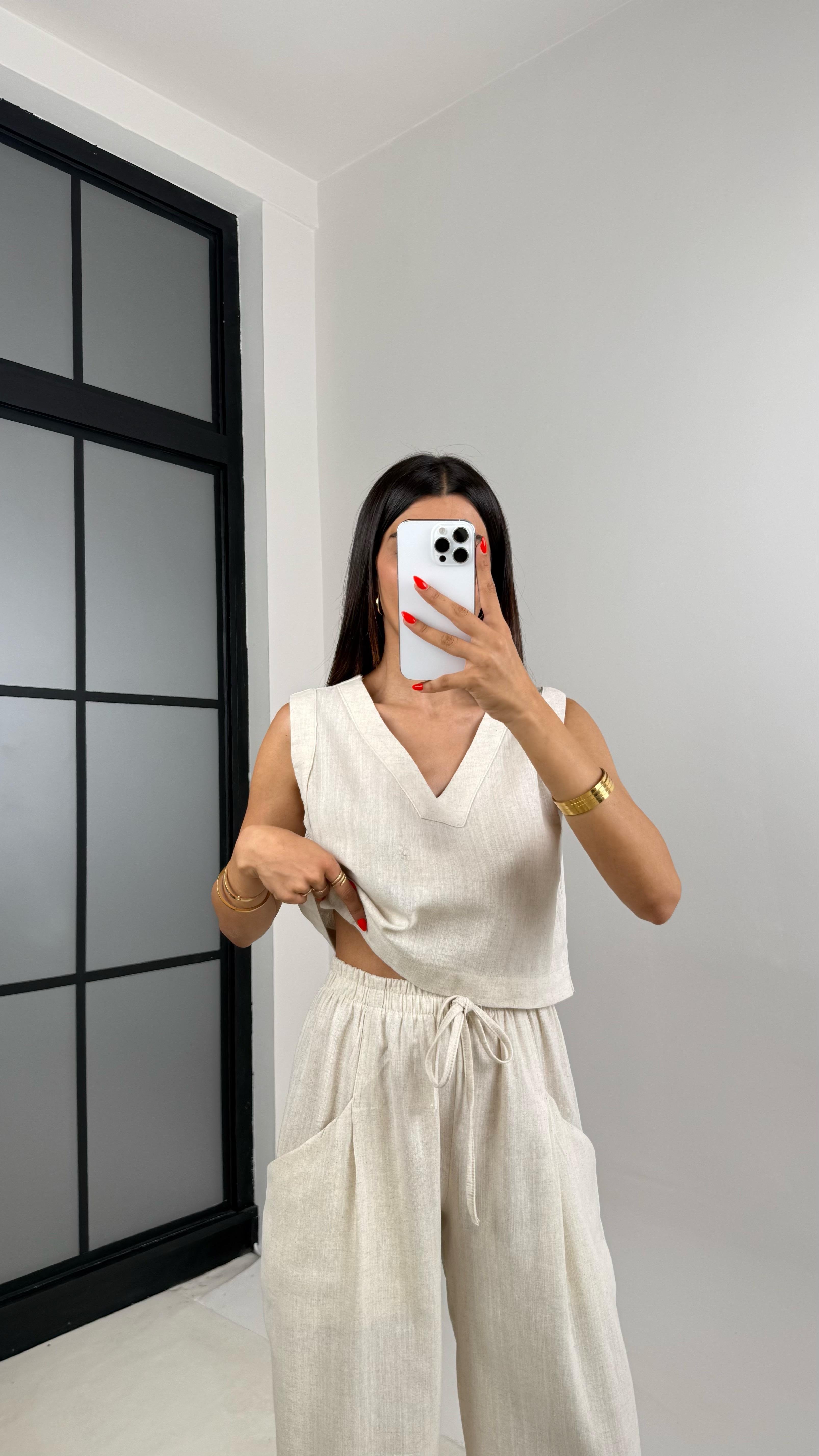 Taş V Yaka Bluz Beli Lastikli Balon Pantolon Muadil Keten Takım GAUS-0016GAUSTAKIMGAUS-0016