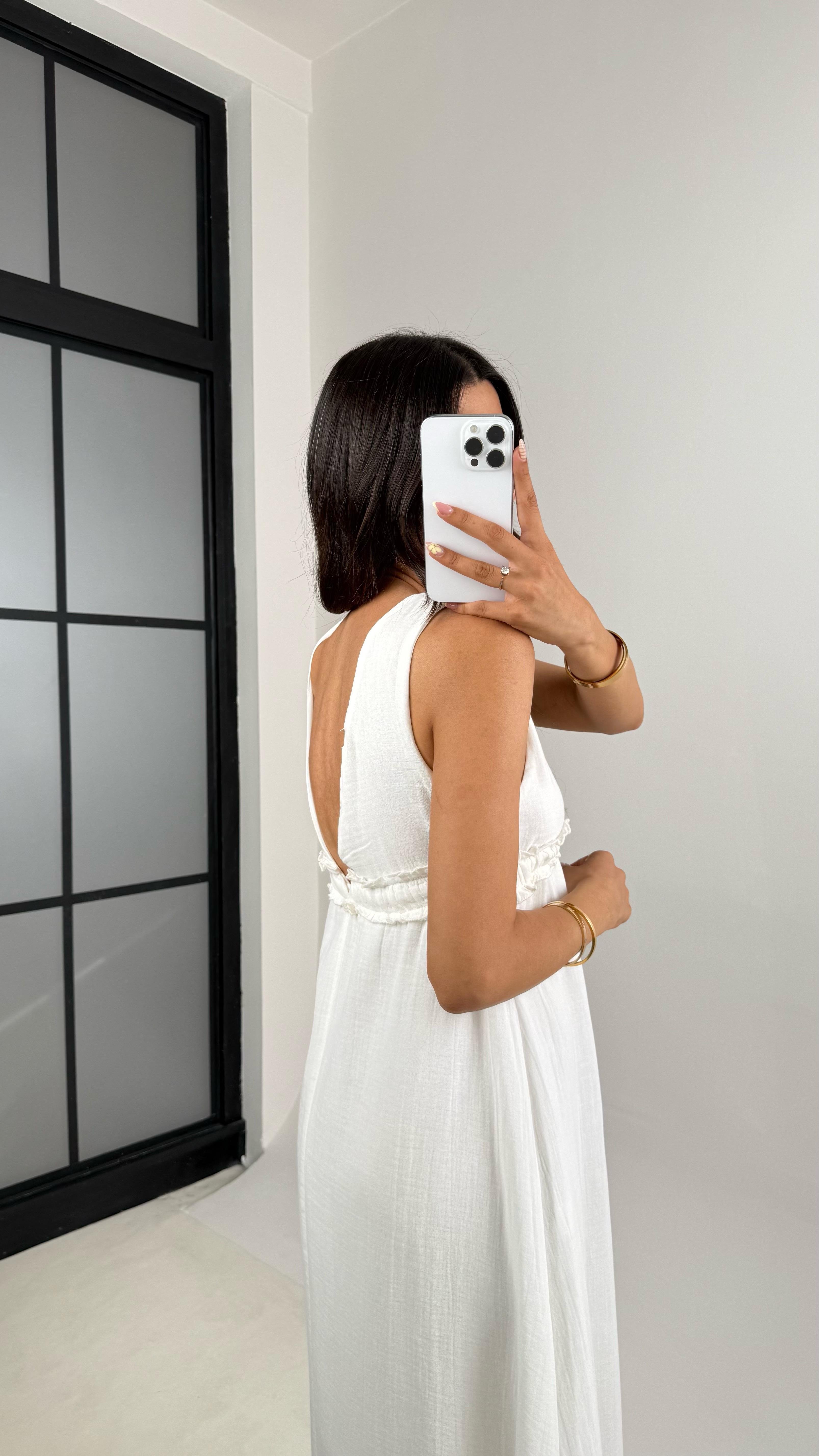 Beyaz V Yaka Beli Ayarlanabilir Lastikli Astarlı Müslin Elbise Gaus00680 GausELBİSEGU1002568