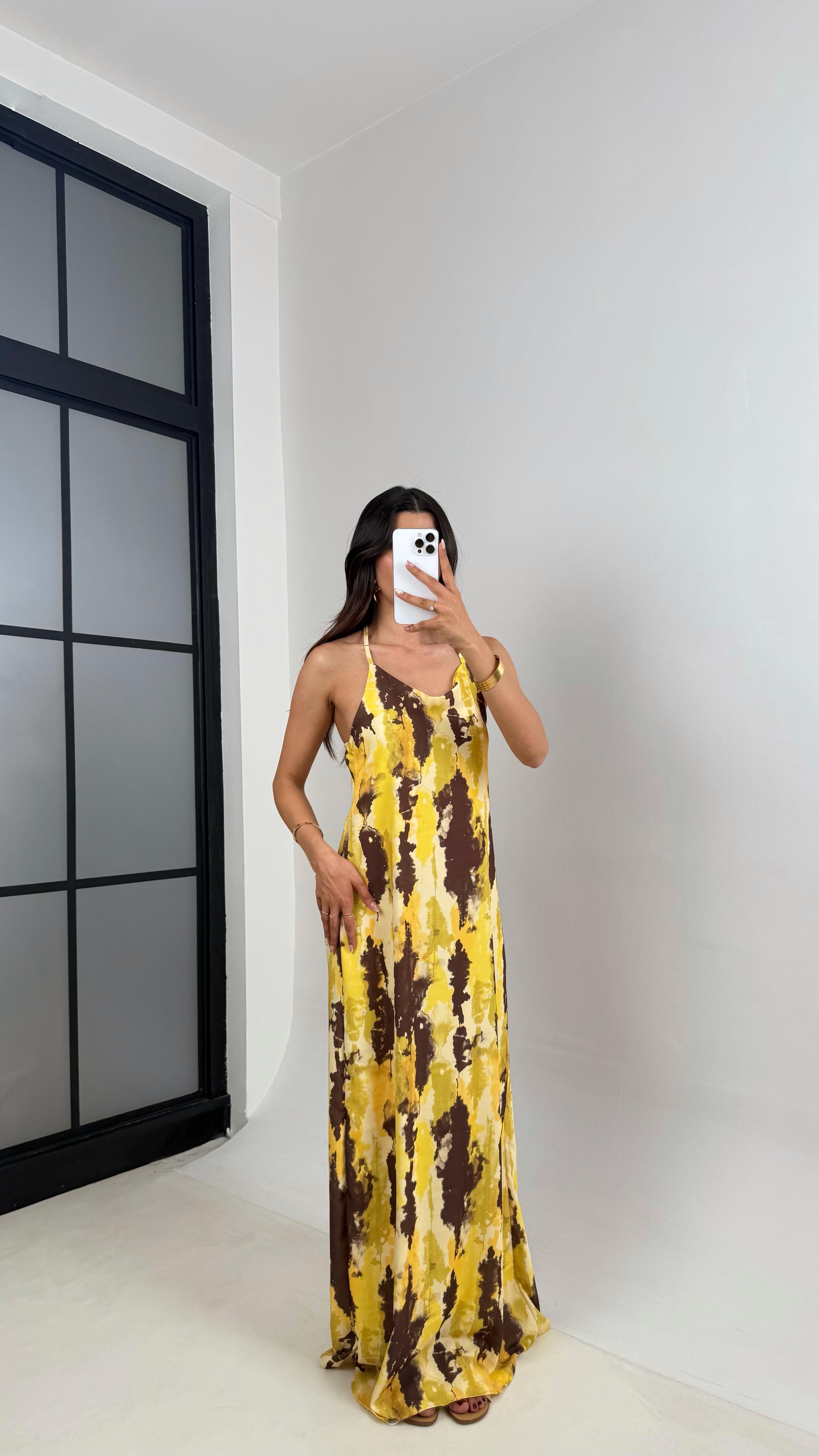 Sarı Kahve Desenli Askılı Tencel Elbise Gaus00654GausELBİSEGU1002518