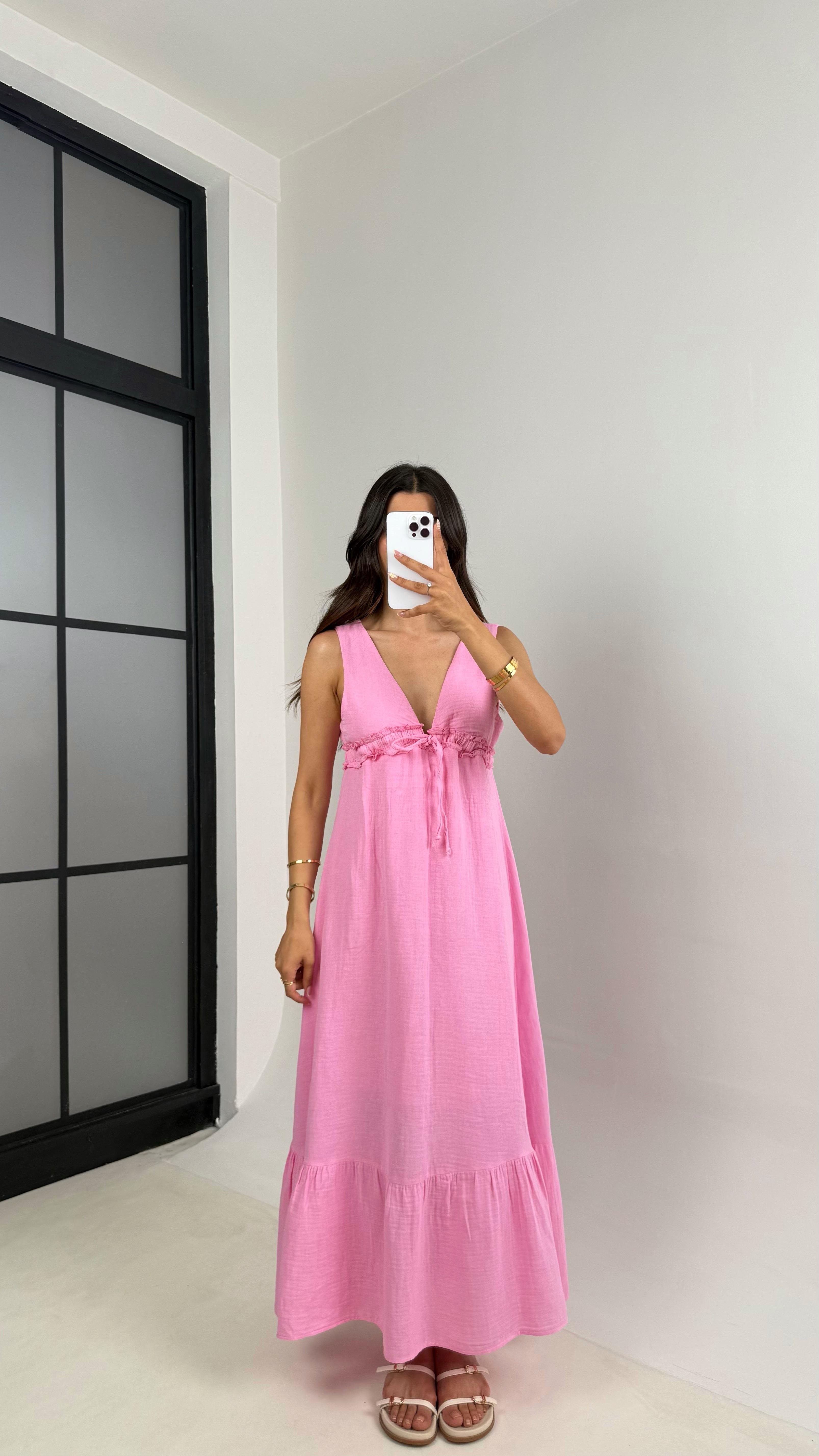 Pembe V Yaka Beli Ayarlanabilir Lastikli Astarlı Müslin Elbise Gaus00680 GausELBİSEGU1002570