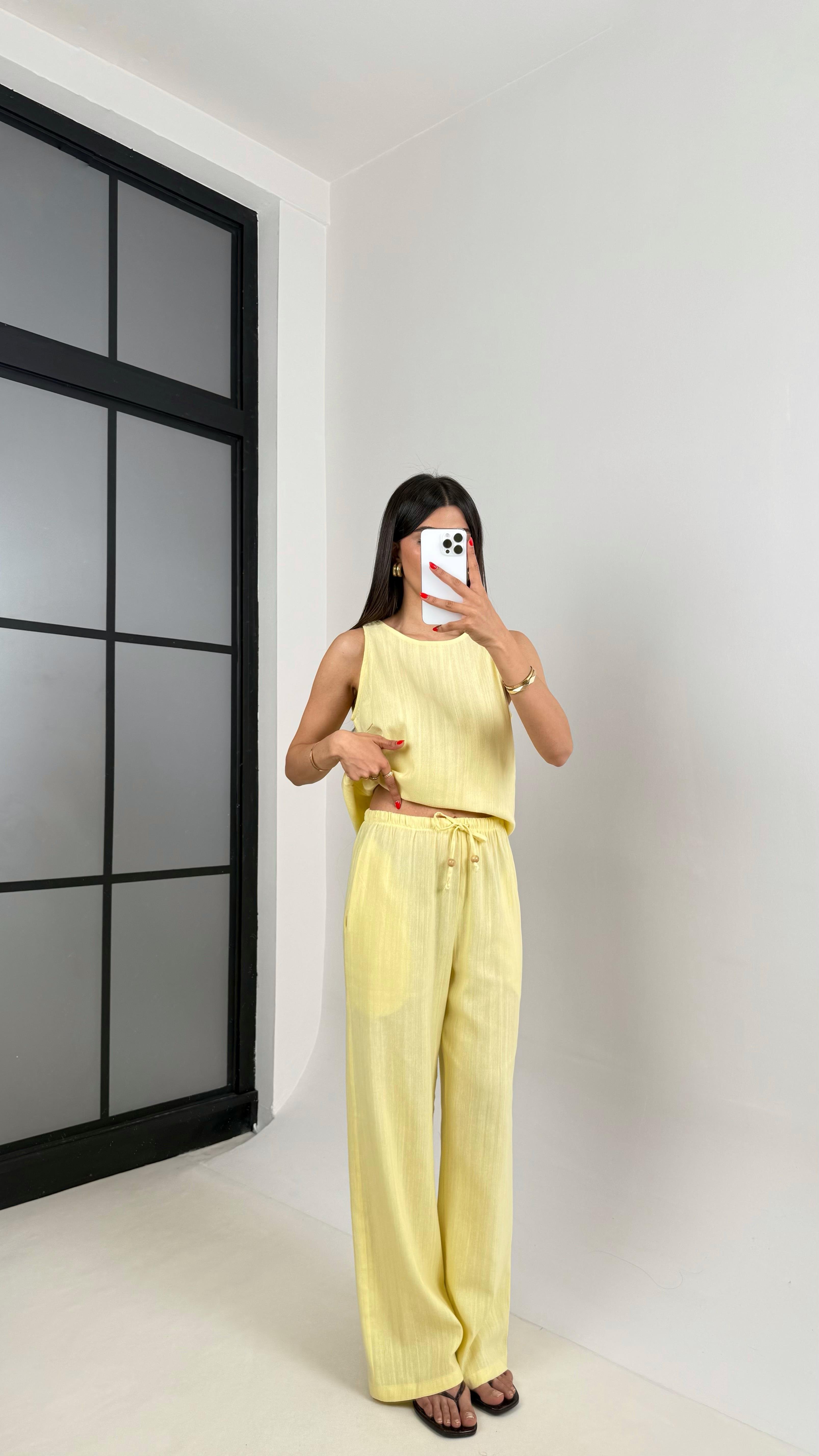 Sarı Sıfır Kol Bluz Beli Lastikli Pantolon Md Muadil Keten Takım Gaus00495 GausTAKIMGU1002159