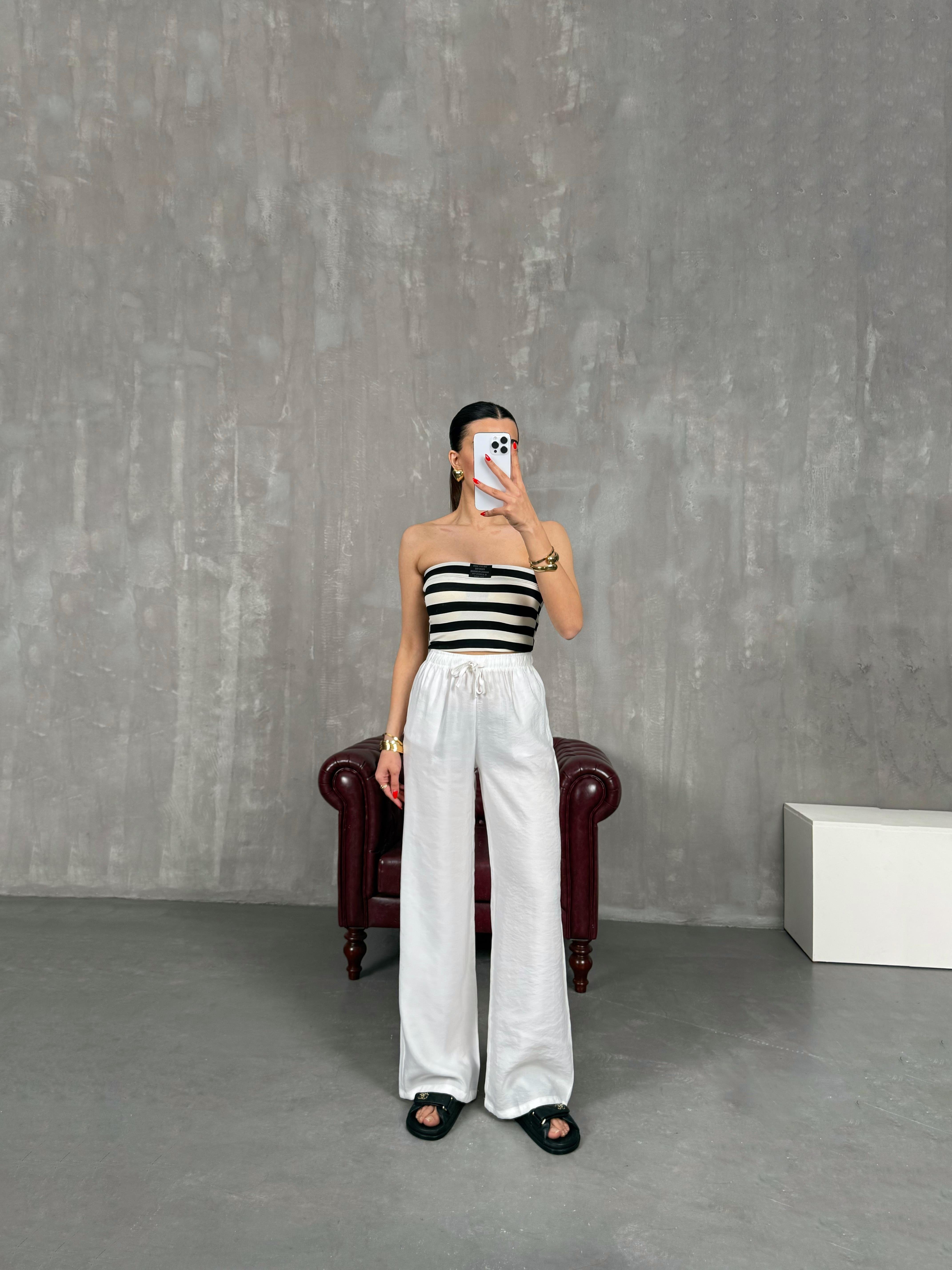 Beyaz Beli Lastikli Tensel Pantolon Gaus00212GausPANTOLONGU1001495