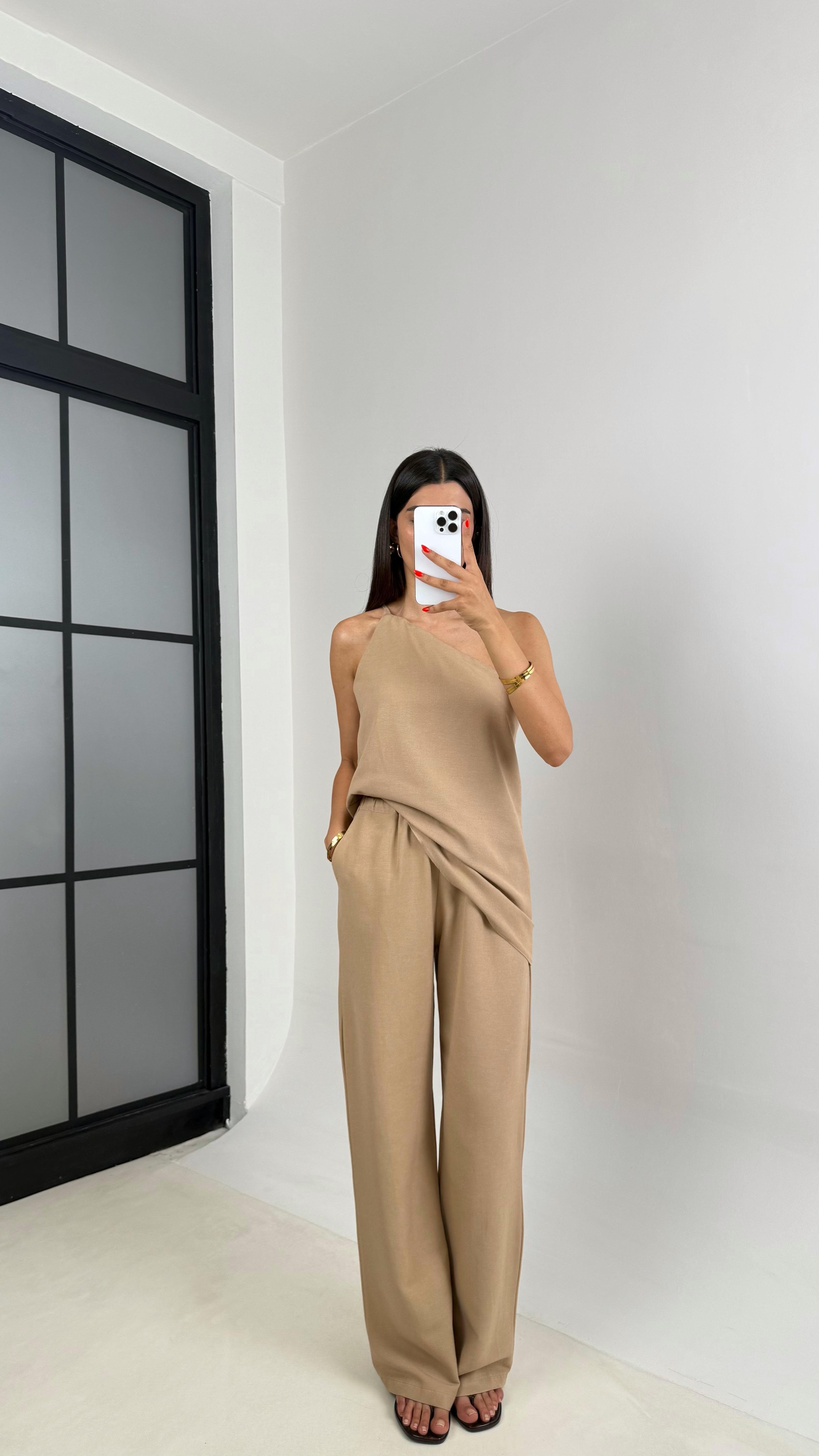 Taş Tek Omuz Bluz Beli Lastlik Pantolon Keten Takım Gaus00696GausTAKIMGaus00696