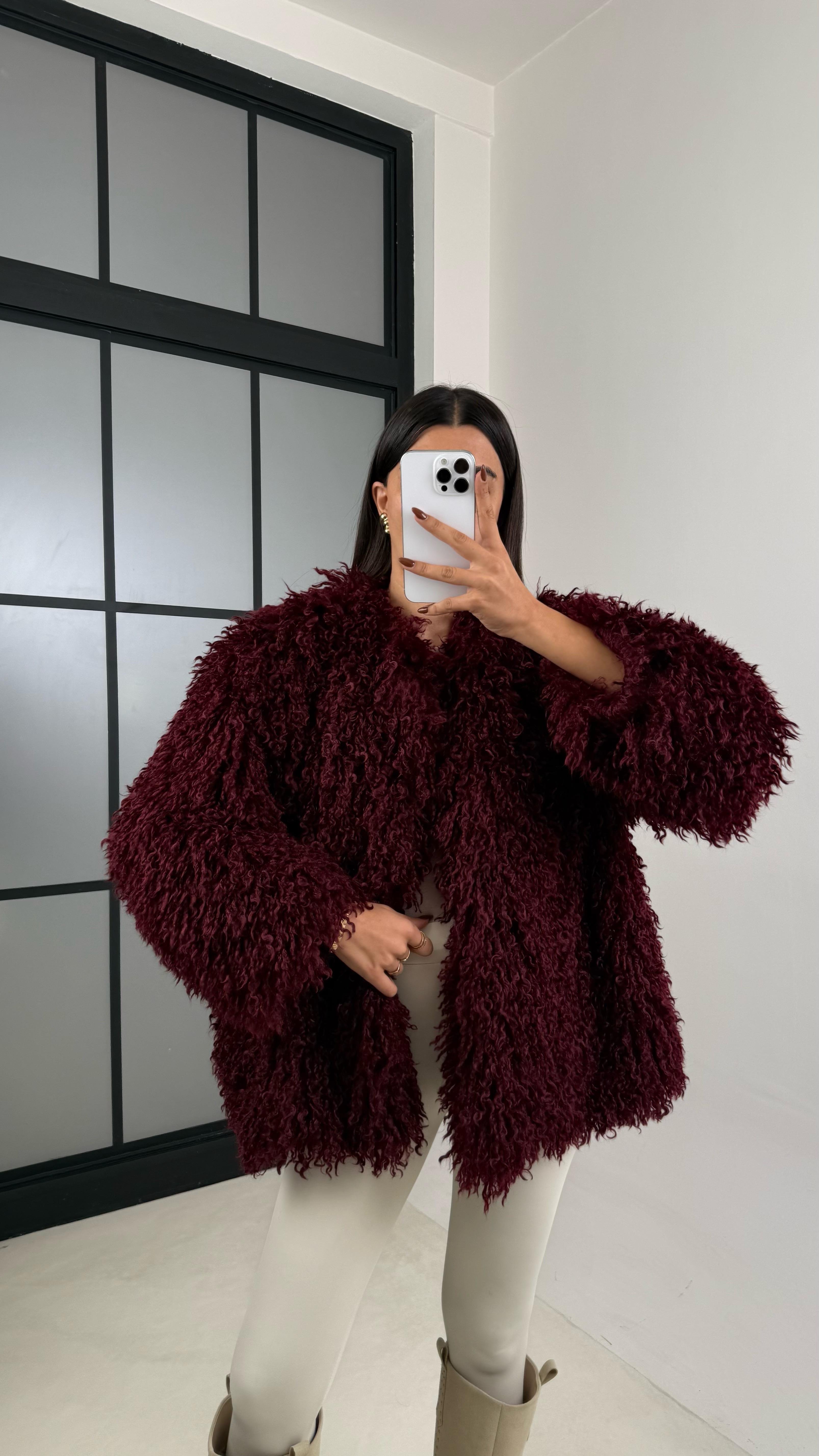 Bordo Saçaklı Astarlı Premium Kürk GAUS-00332GAUS الجواكيت GAUS-00332