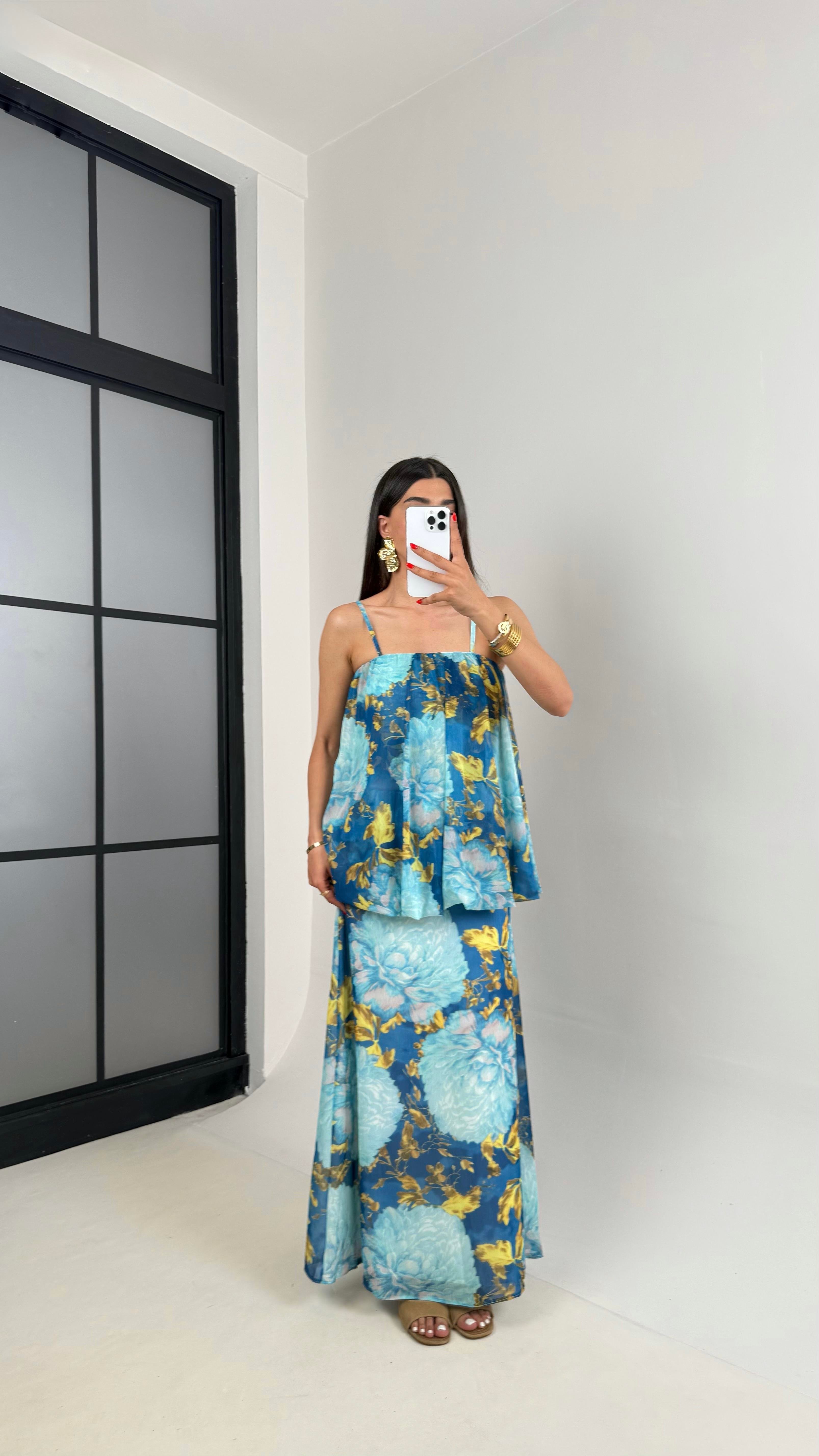 Mavi Çiçek Desenli Ayarlanabilir Askılı Astarlı Katlı Şifon Elbise Gaus00469GausELBİSEGU1002099