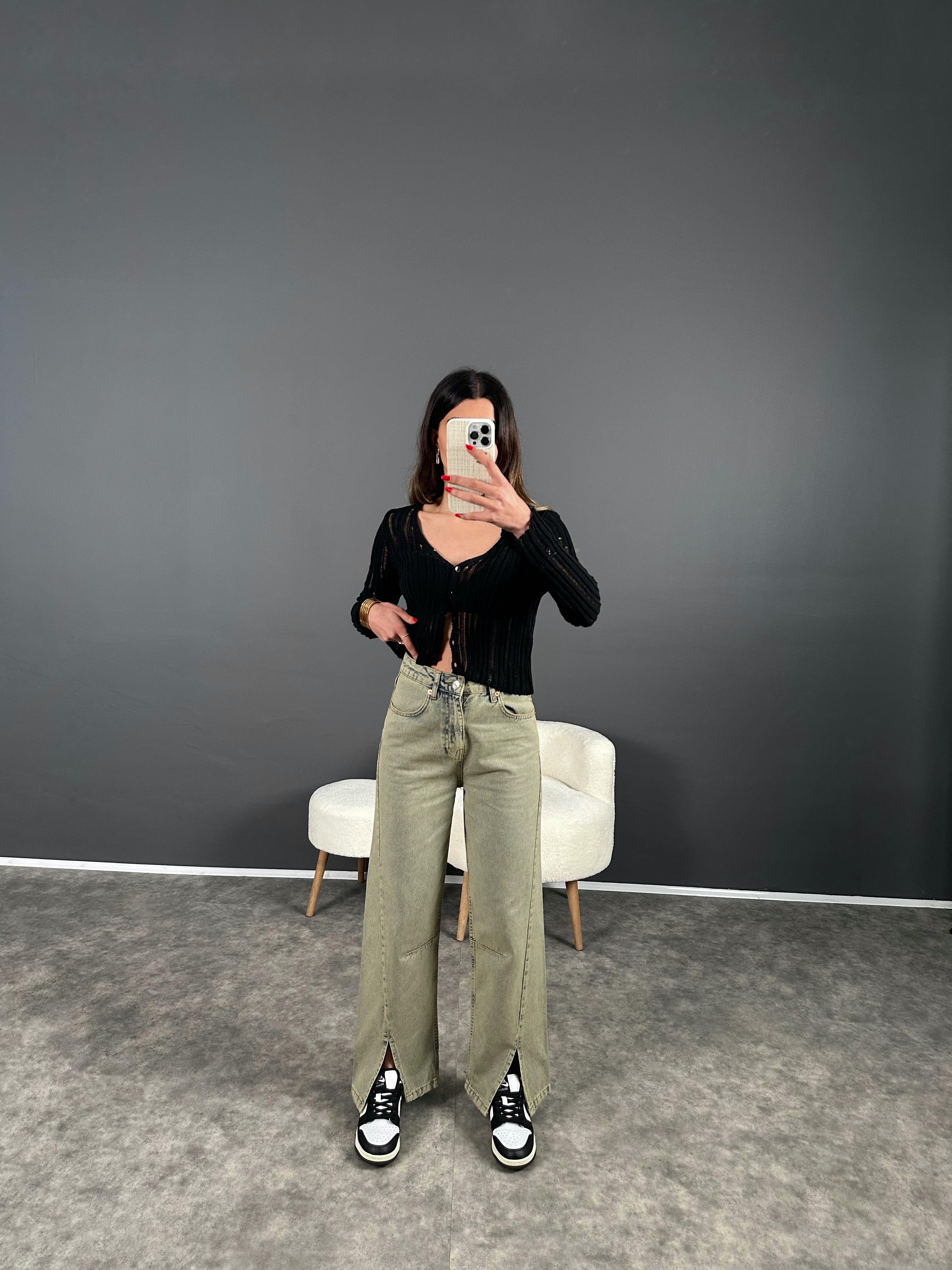 Yung Yeşil Eskitme Ön Yırtmaçlı Jean GausDENİM PANTOLONGU004418