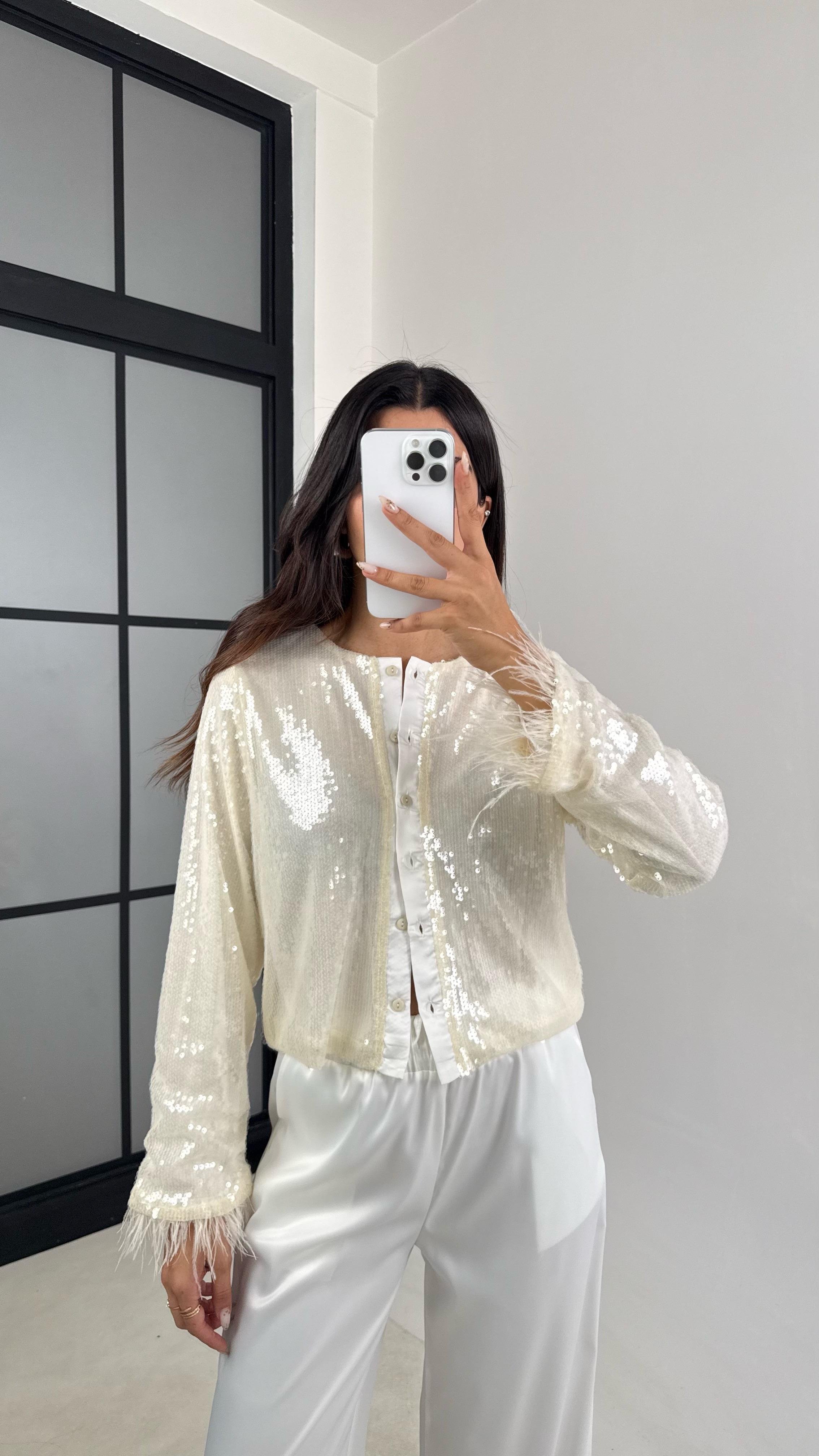 Ekru Pul Payetli Astarlı Tasarım Ceket Gömlek GAUS-0044GAUS القمصان GAUS-0044