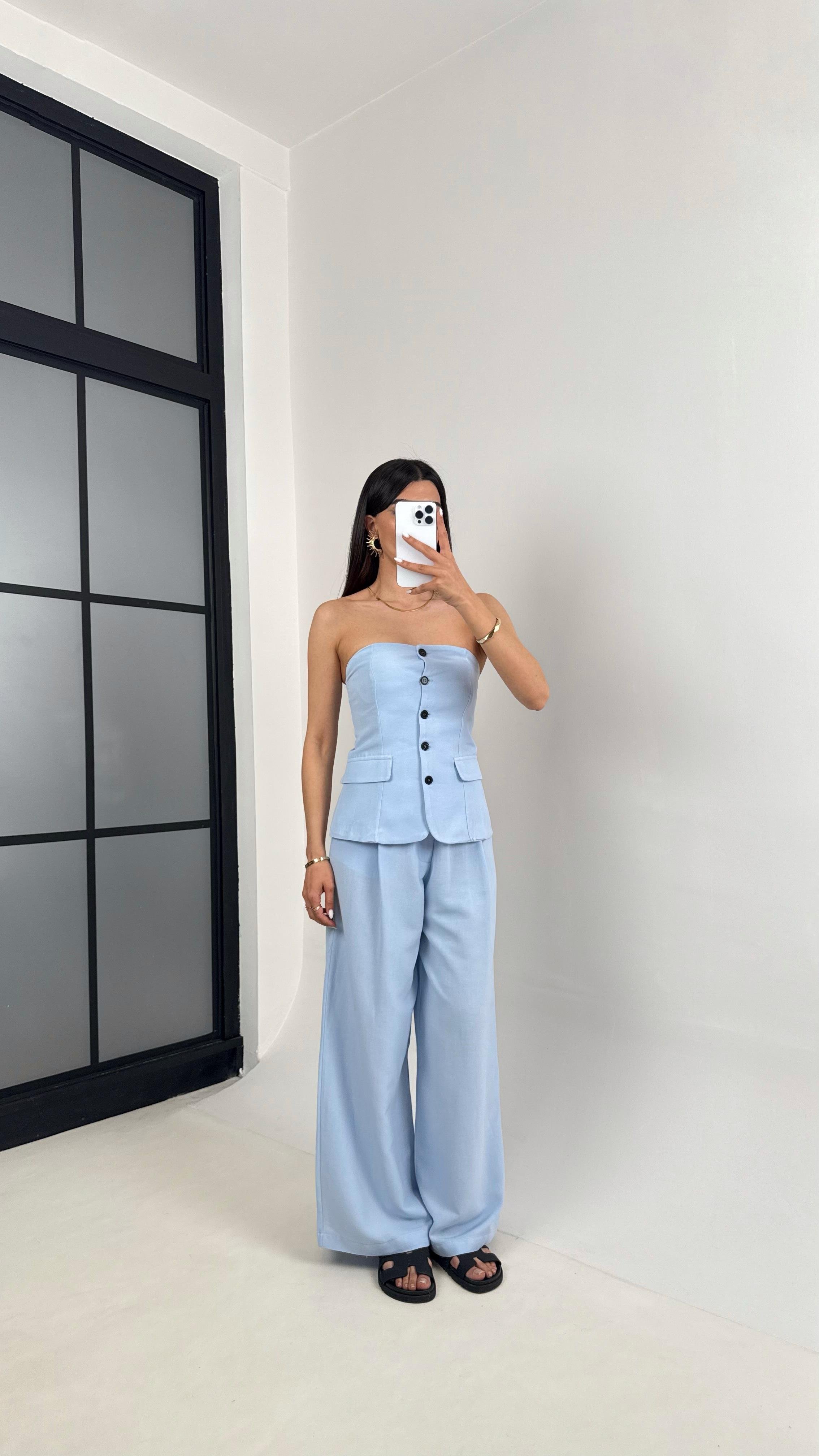 Mavi Straplez Düğmeli Üst Cepli Pantolon İkili Keten Tasarım Takım Gaus00440GausTAKIMGU1002018