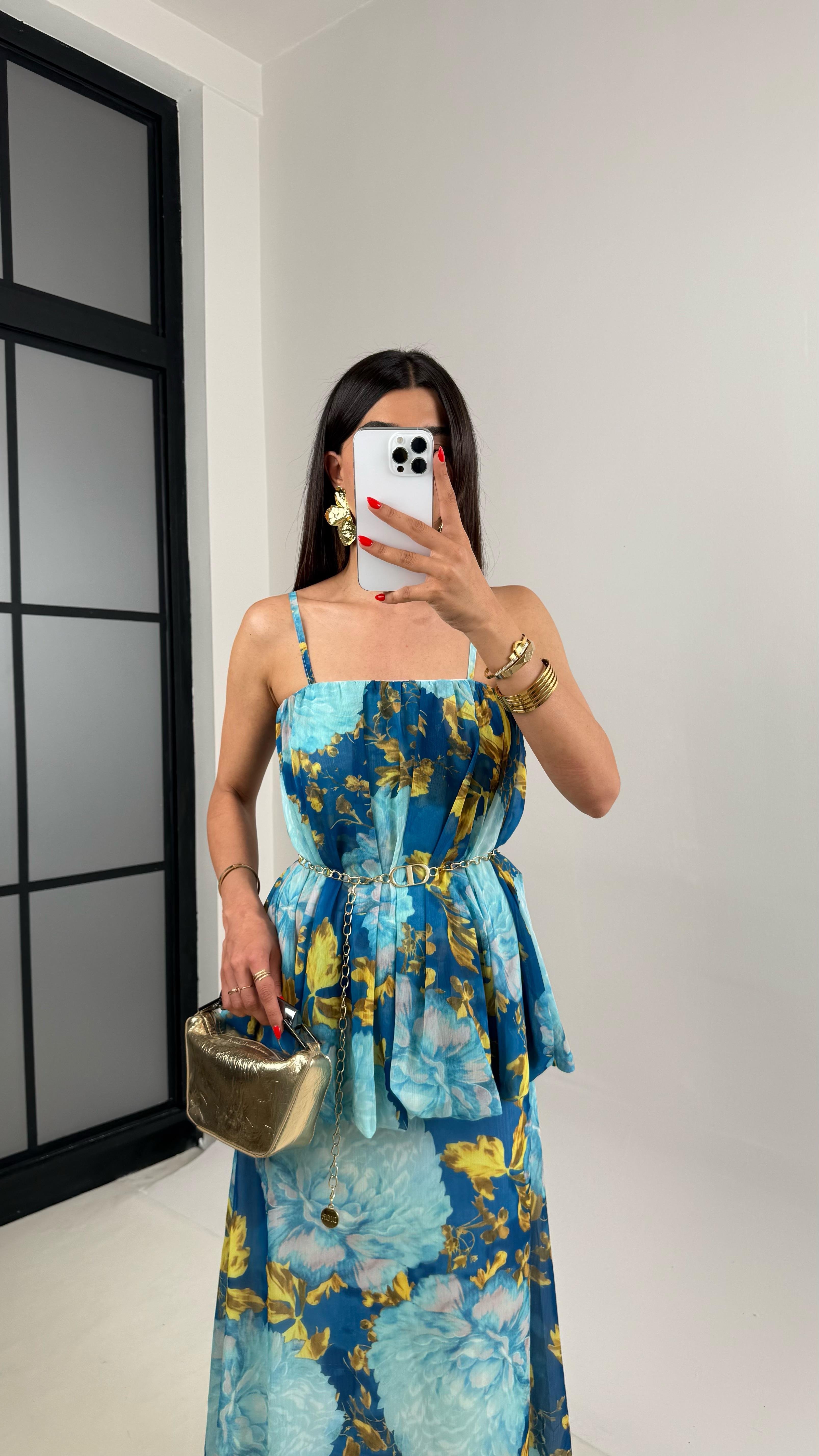 Mavi Çiçek Desenli Ayarlanabilir Askılı Astarlı Katlı Şifon Elbise Gaus00469GausELBİSEGU1002099