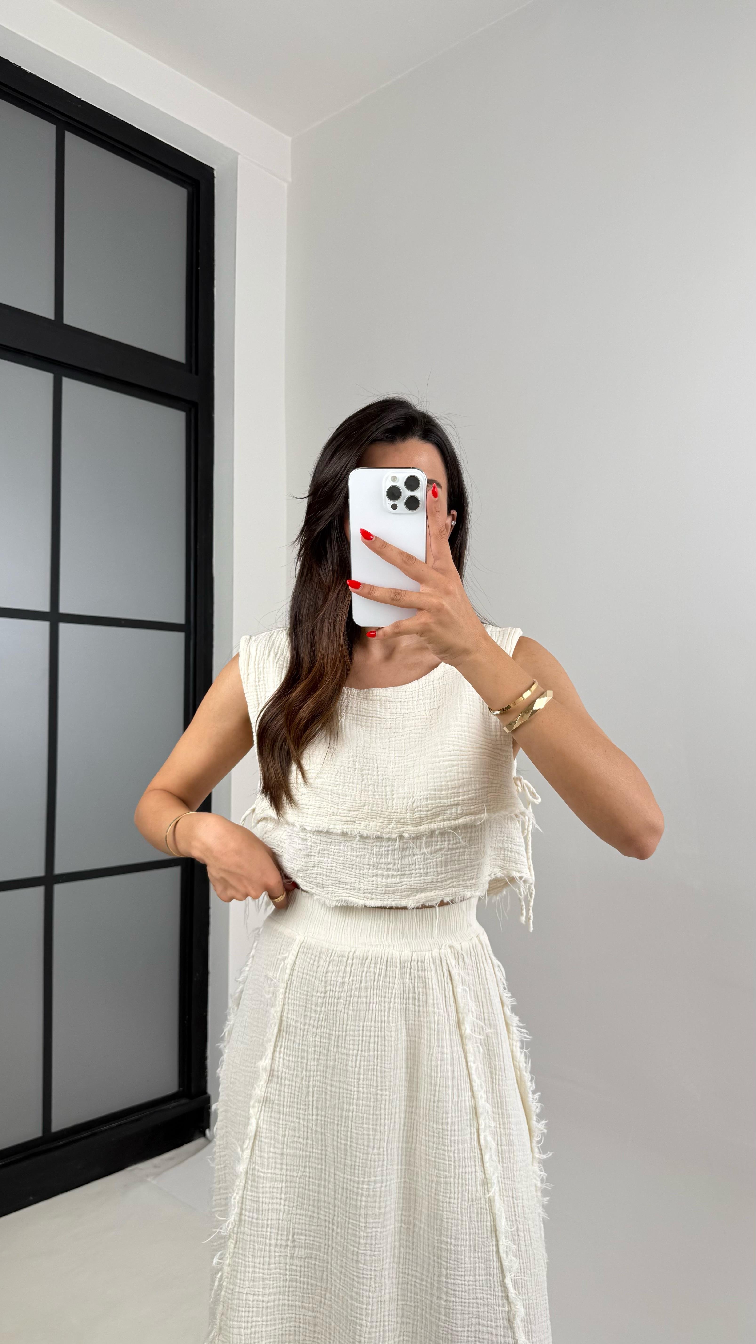 Ekru Püskül Detaylı Katlı Bluz Beli Lastikli Etek Müslin Takım Gaus00516GausTAKIMGU1002209