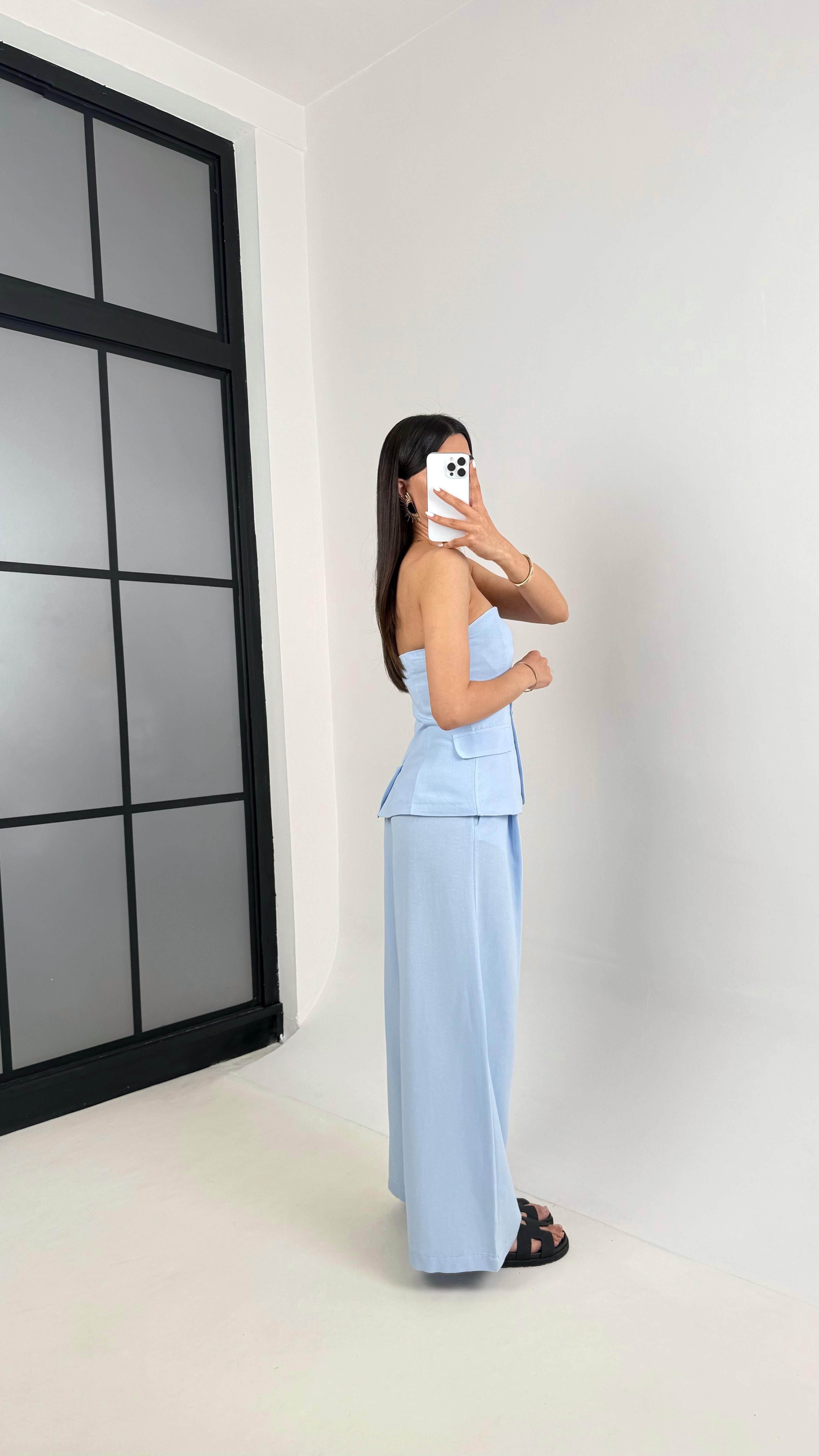 Mavi Straplez Düğmeli Üst Cepli Pantolon İkili Keten Tasarım Takım Gaus00440GausTAKIMGU1002018