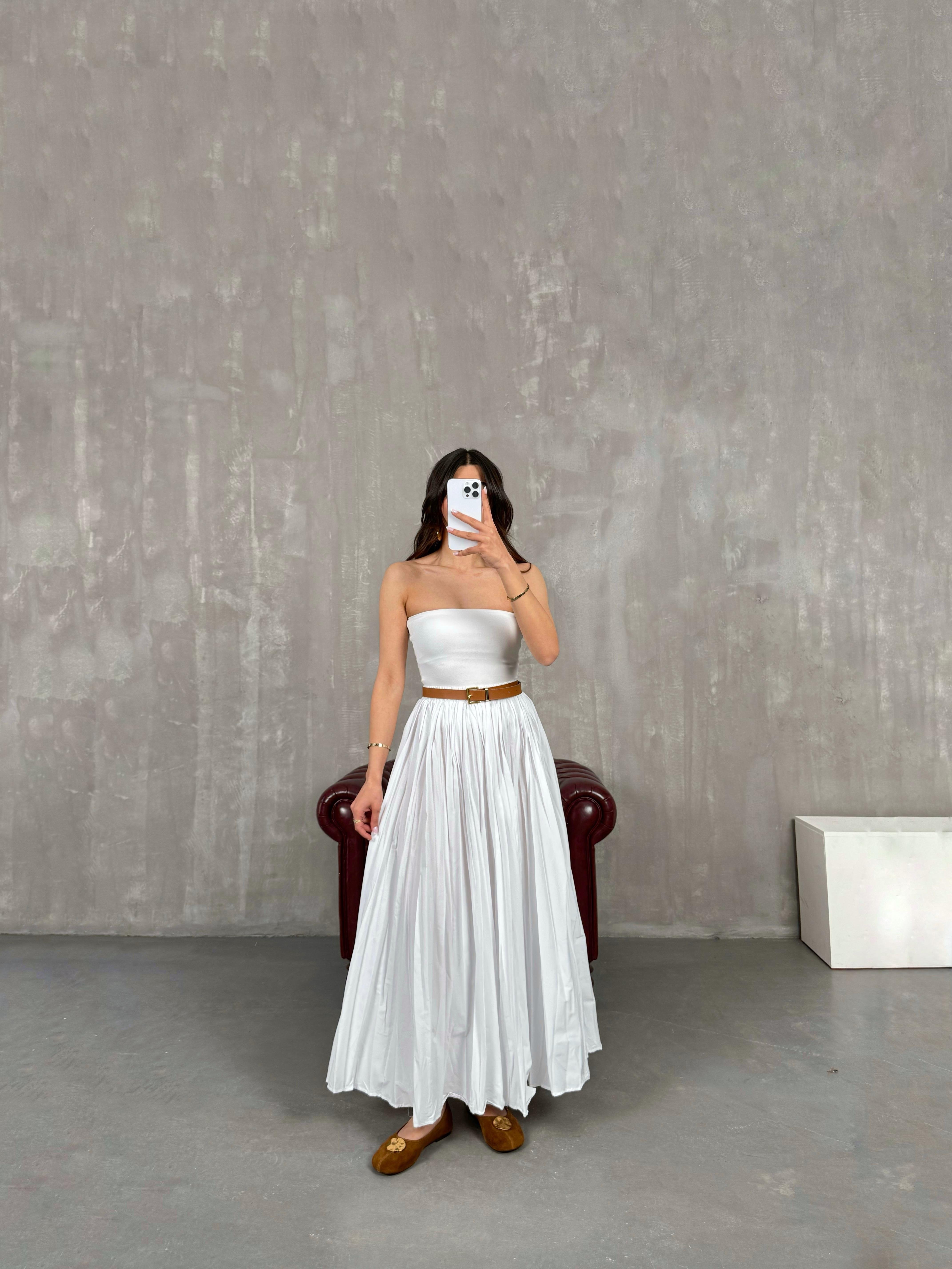 Essa Beyaz Kırışık Kumaş Kraş Maxi Boy Etek Gaus00256GausETEKGU1001595