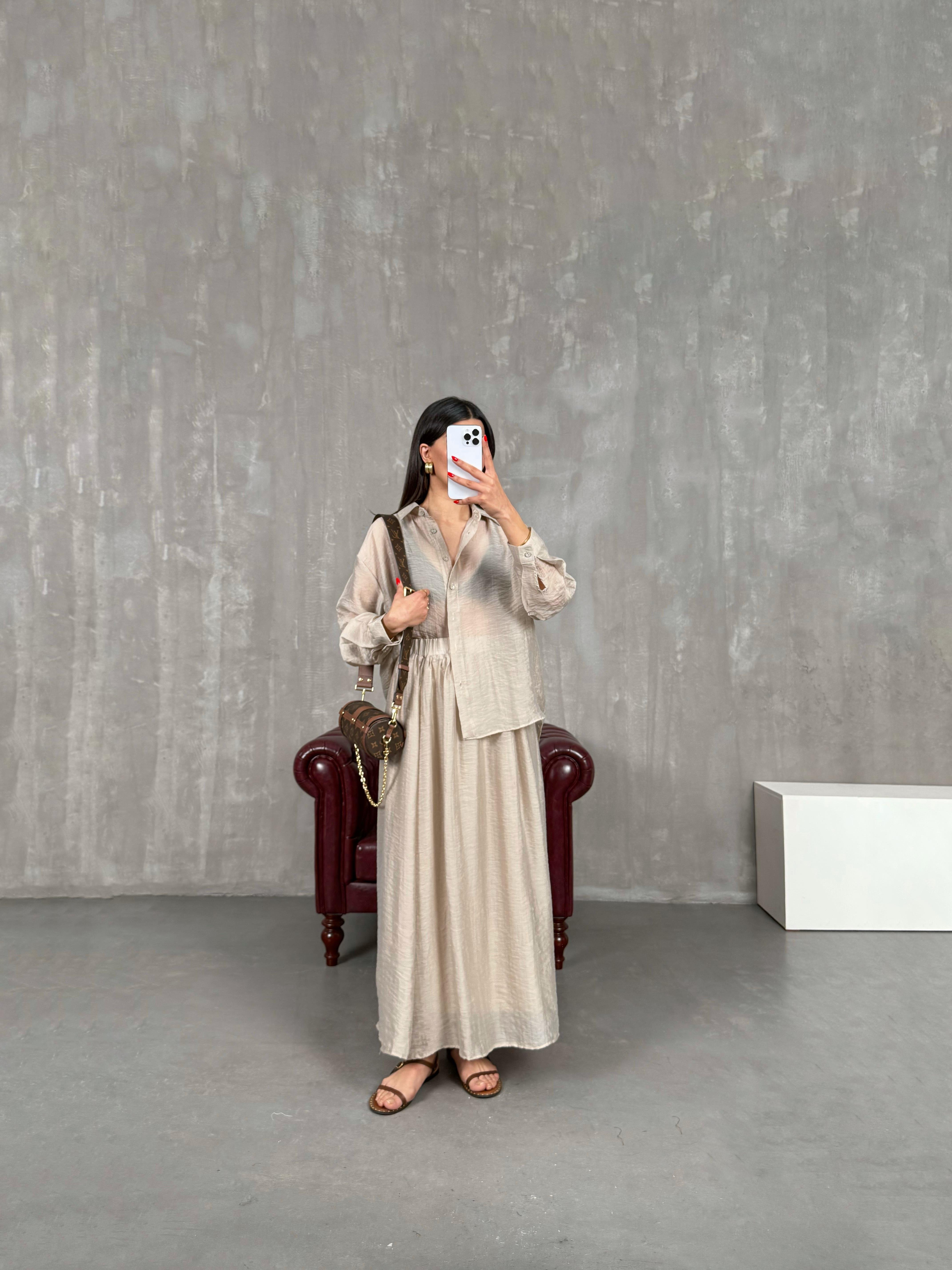 Taş Gömlek Astarlı Beli Lastikli Etek Kırışık Tensel Takım Gaus00158GausTAKIMGU1001365