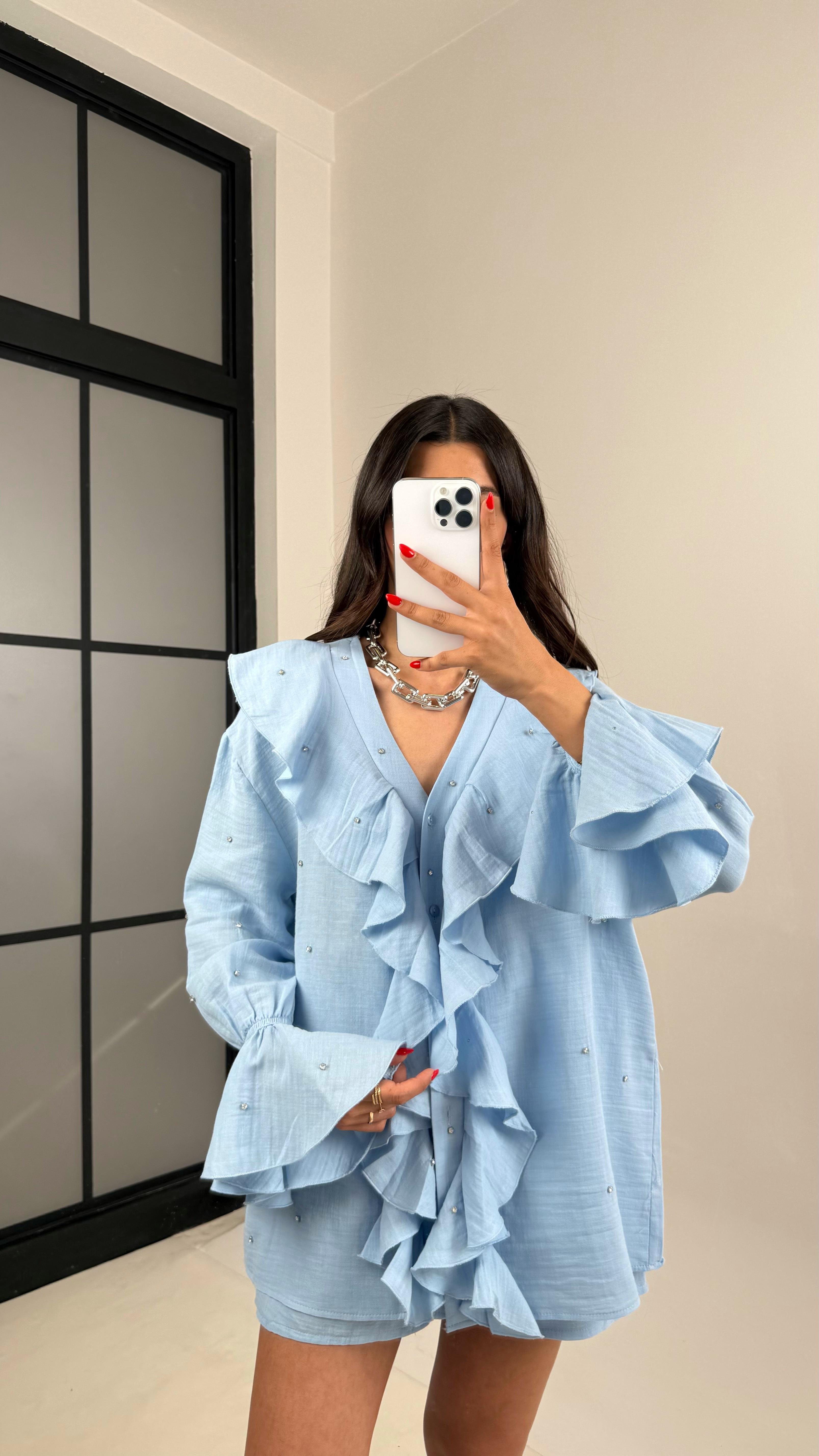 Mavi Yaka Fırfırlı Taş Detaylı Gömlek Şortlu Müslin Takım Gaus00511GausTAKIMGU1002201