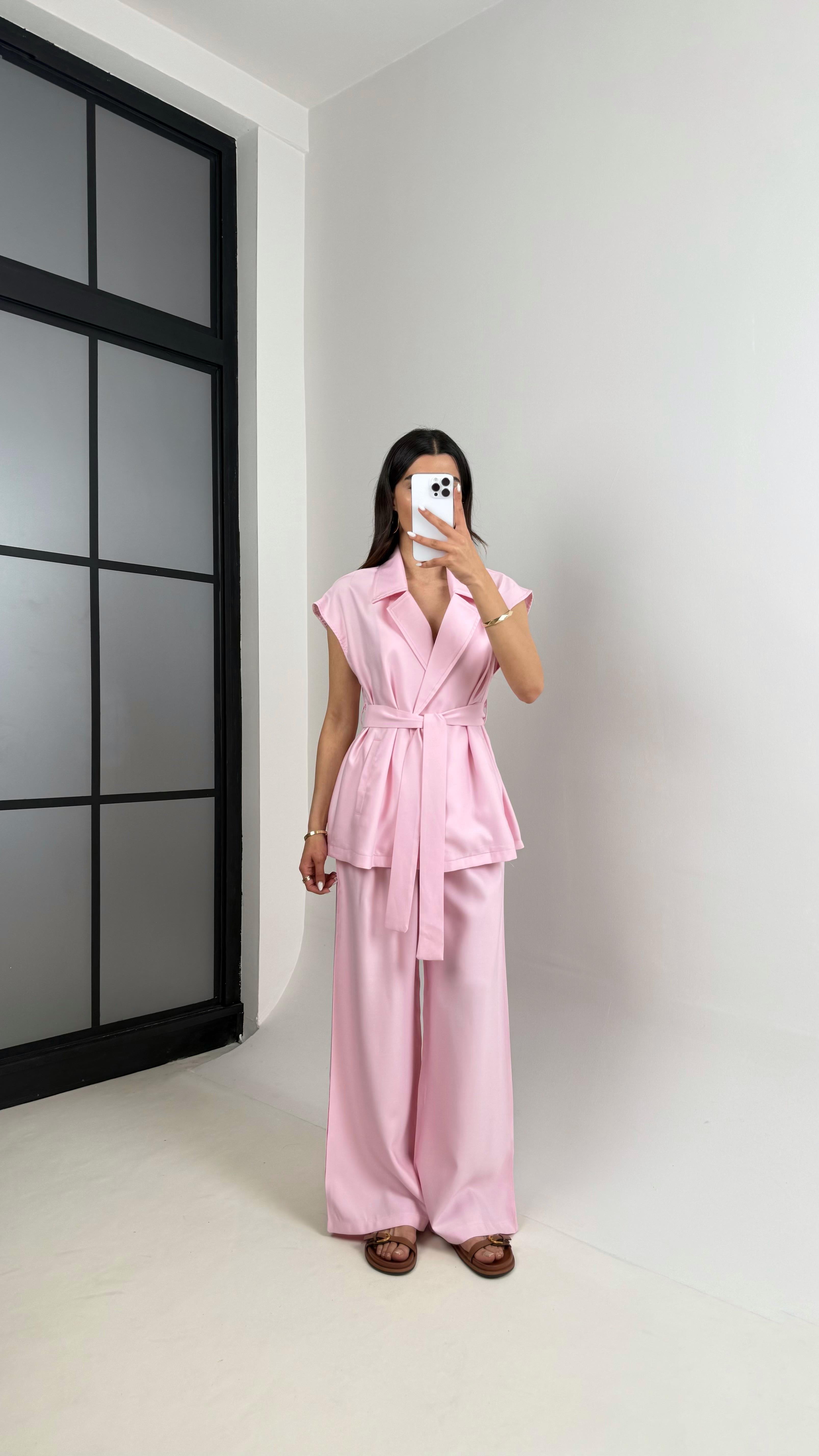 Pembe Cepli Kuşaklı Yelek Beli Lastikli Pantolon Tensel Takım Gaus00433GausTAKIMGU1002003