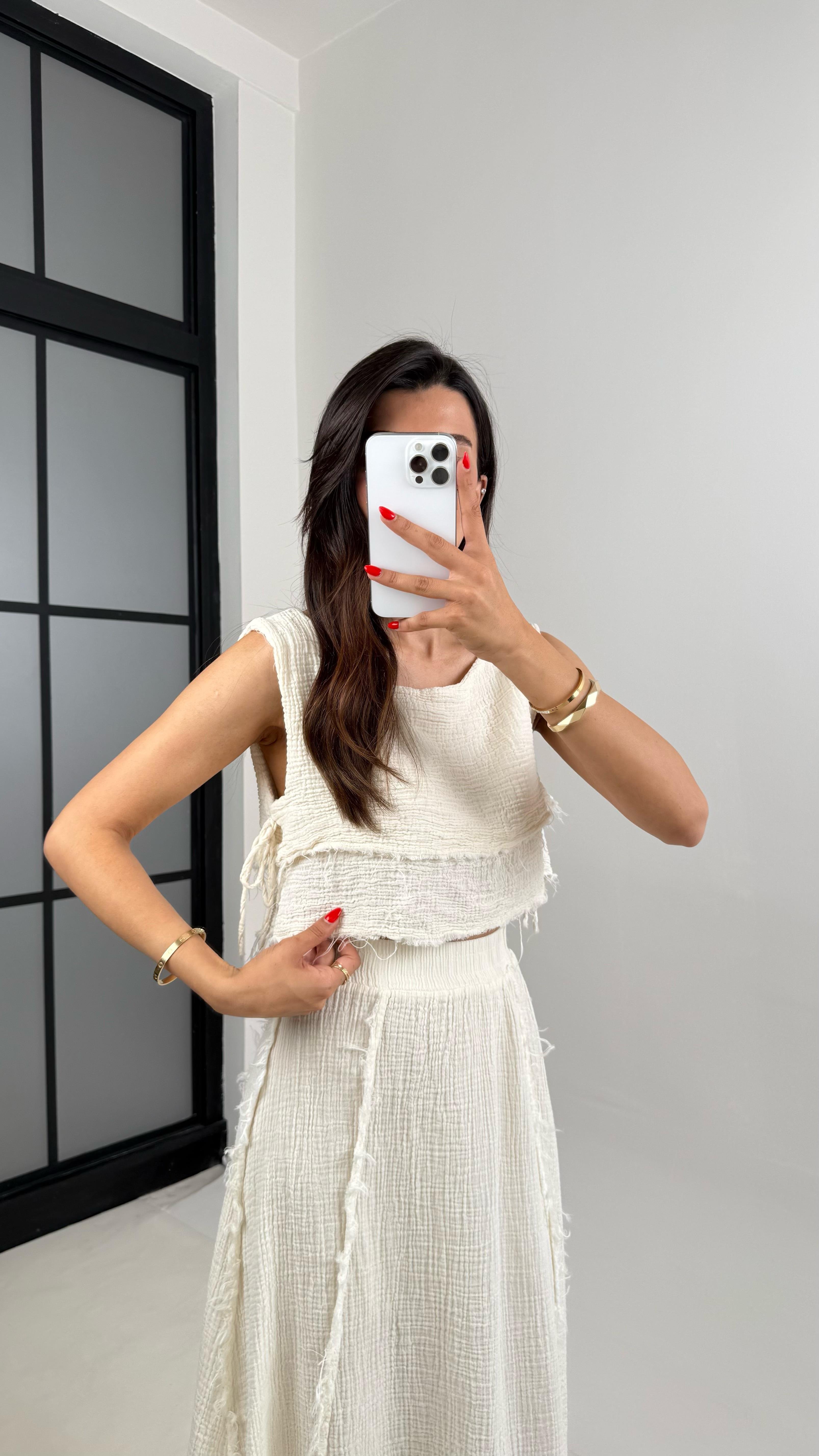 Ekru Püskül Detaylı Katlı Bluz Beli Lastikli Etek Müslin Takım Gaus00516GausTAKIMGU1002209