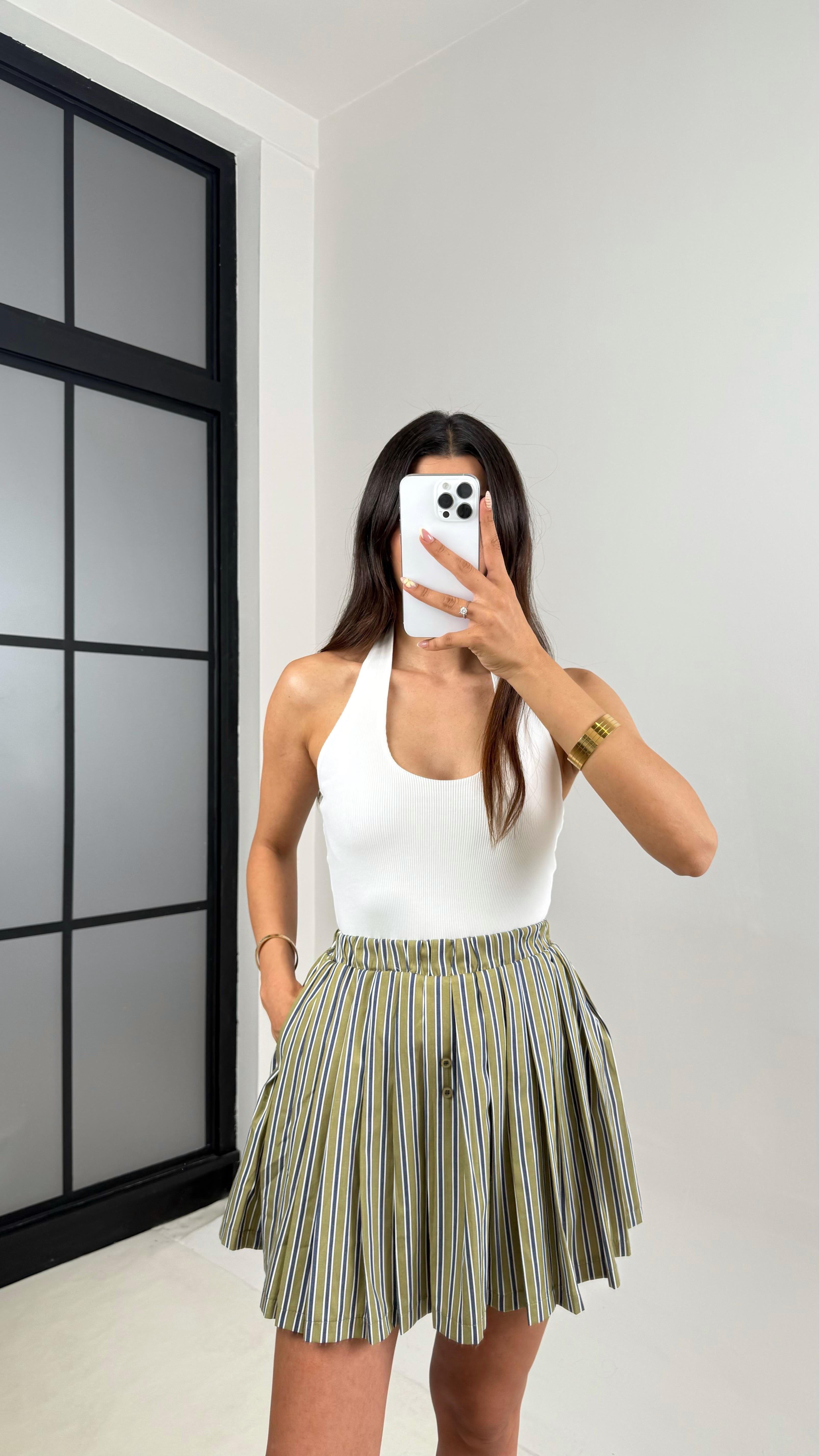 Yeşil Antrasit Şeritli Pileli Şort Etek Gaus00650GausETEKGU1002511