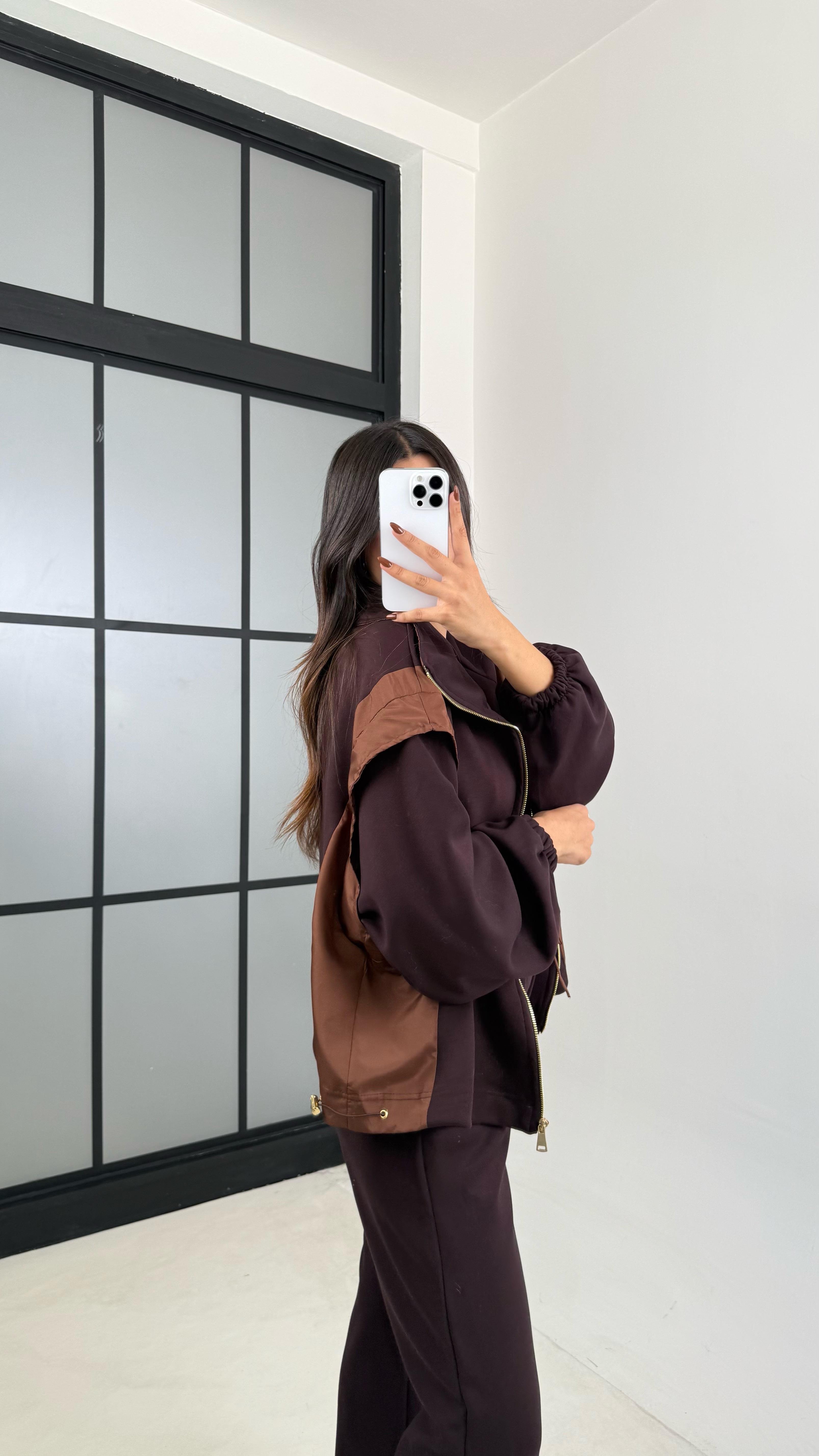 Kahve Paraşüt Kumaş Detaylı Hırka Pantolon İkili Modal Kumaş Takım GAUS-00209GAUSTAKIMGAUS-00209