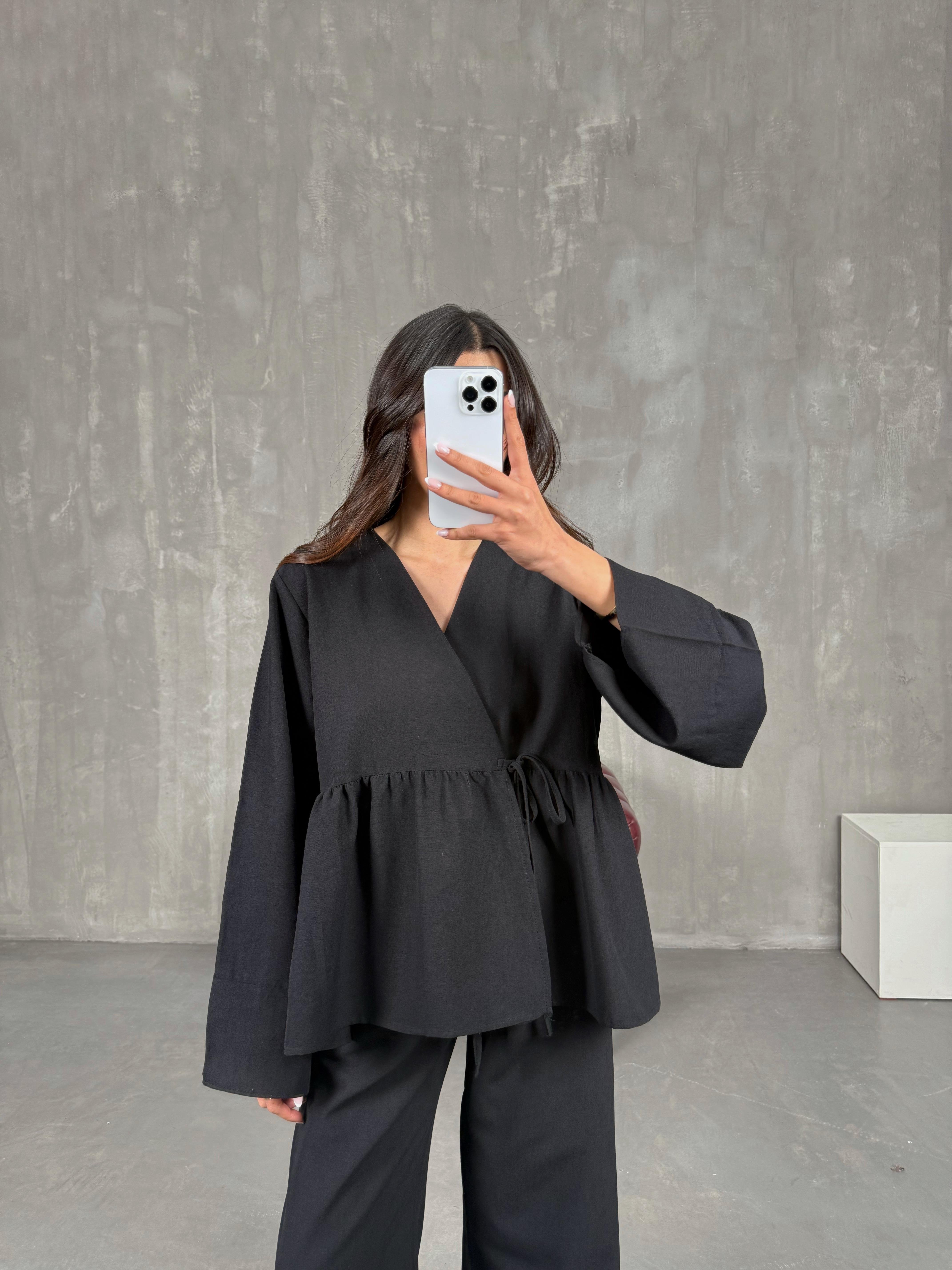 Siyah Önü Bağlamalı Gömlek Beli Lastikli Pantolon İkili Keten Takım Gaus00262GausTAKIMGU1001605