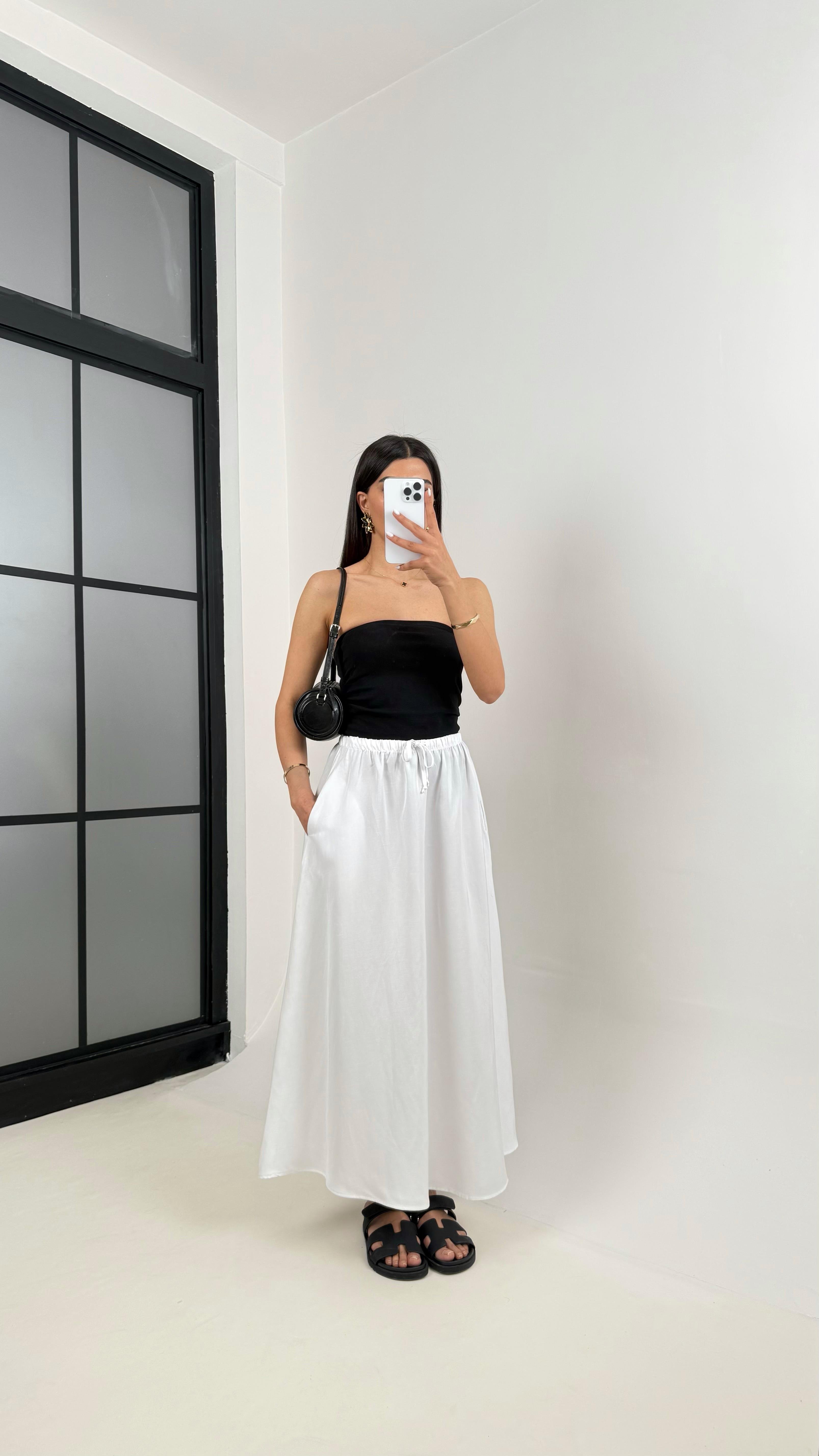 Beyaz Önü Bağlamalı Cepli Pamuk Keten Karışımlı Etek Gaus00367GausETEKGU1001855