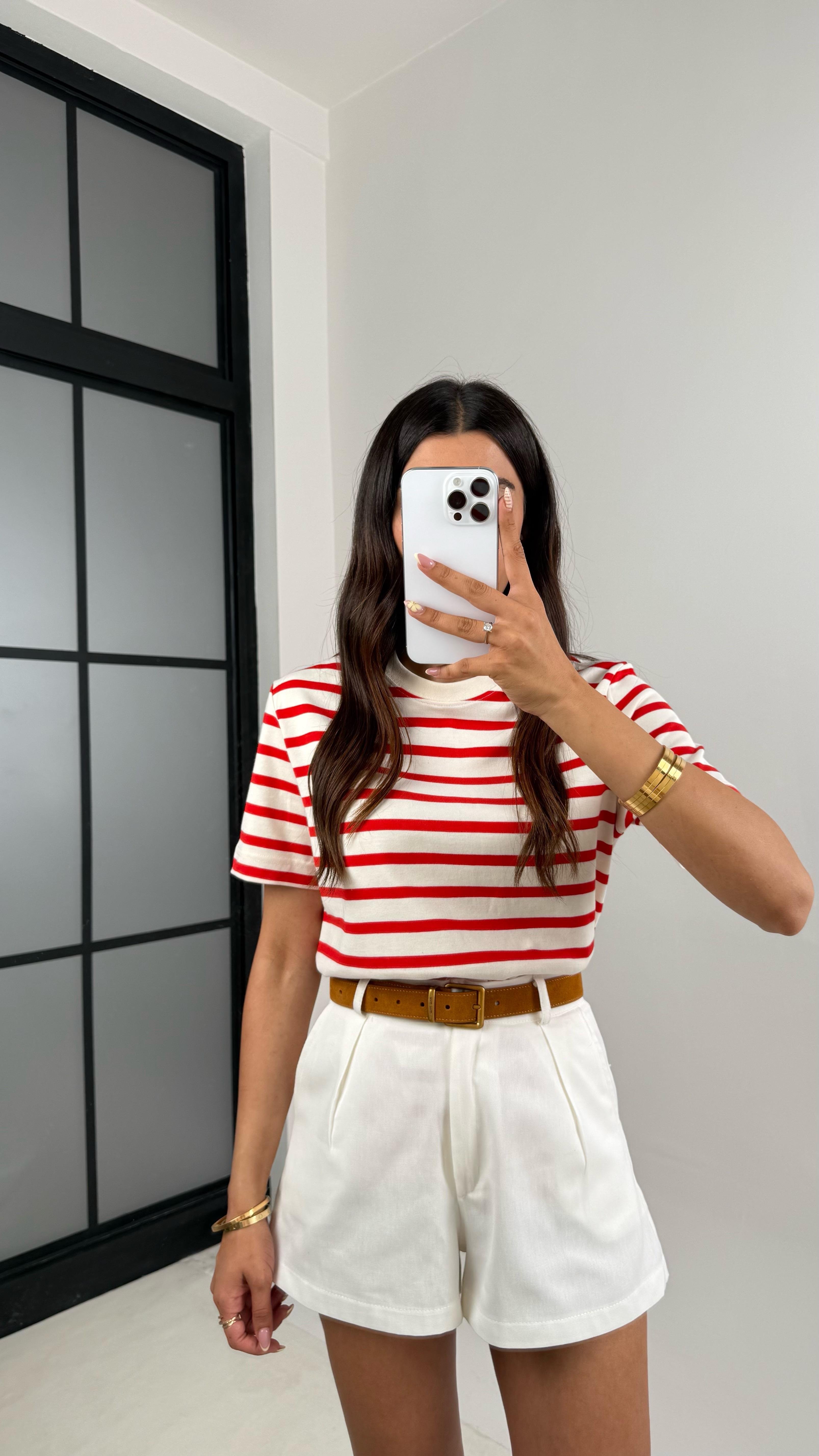 Beyaz Kırmızı Şeritli MD Muadil Tshirt Gaus00682Gaus التيشيرتات  GU1002576