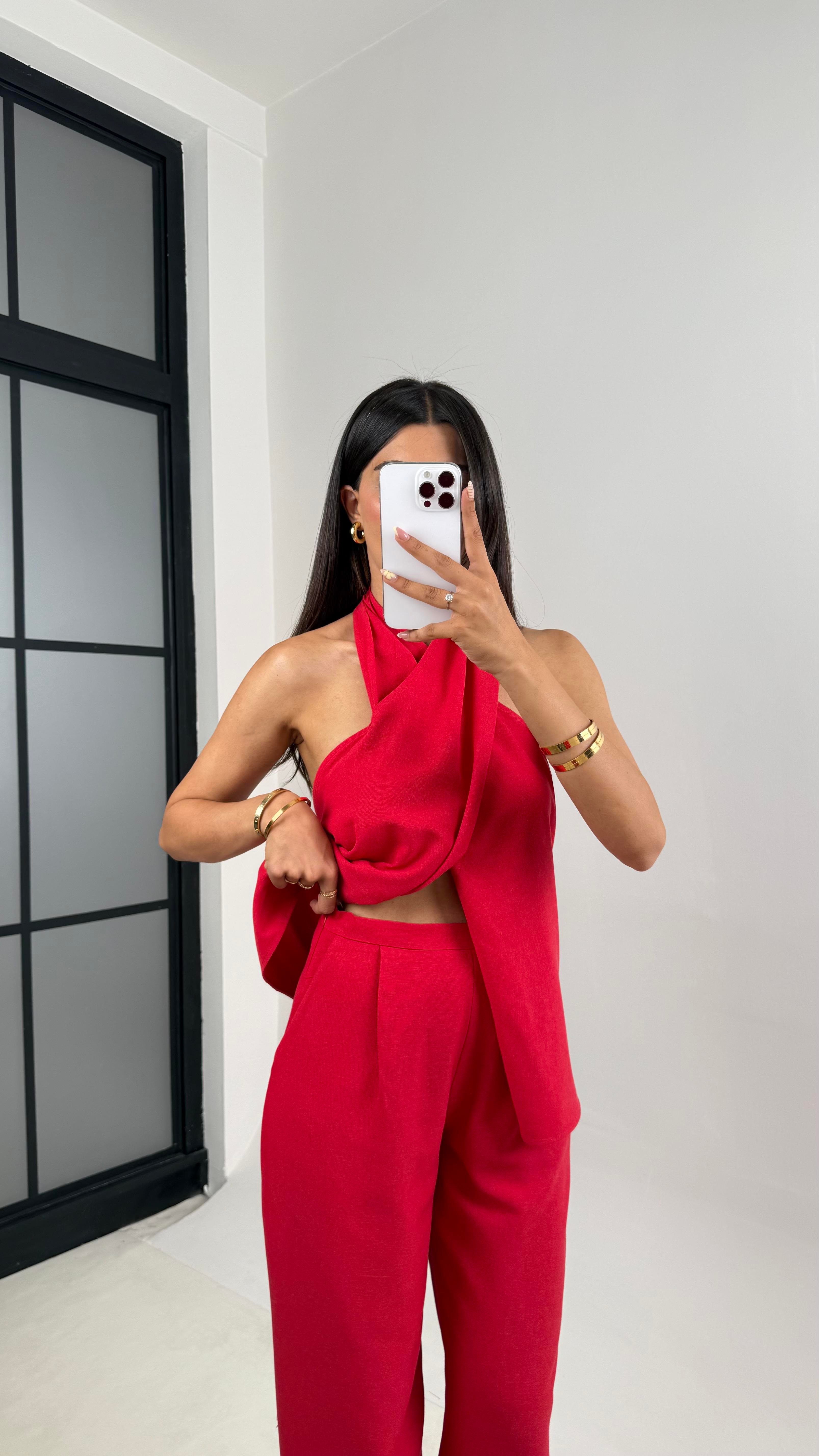 Kırmızı Boyundan Bağlamalı Bluz Cepli Pantolon Tasarım Keten Takım Gaus00667GausTAKIMGU1002541