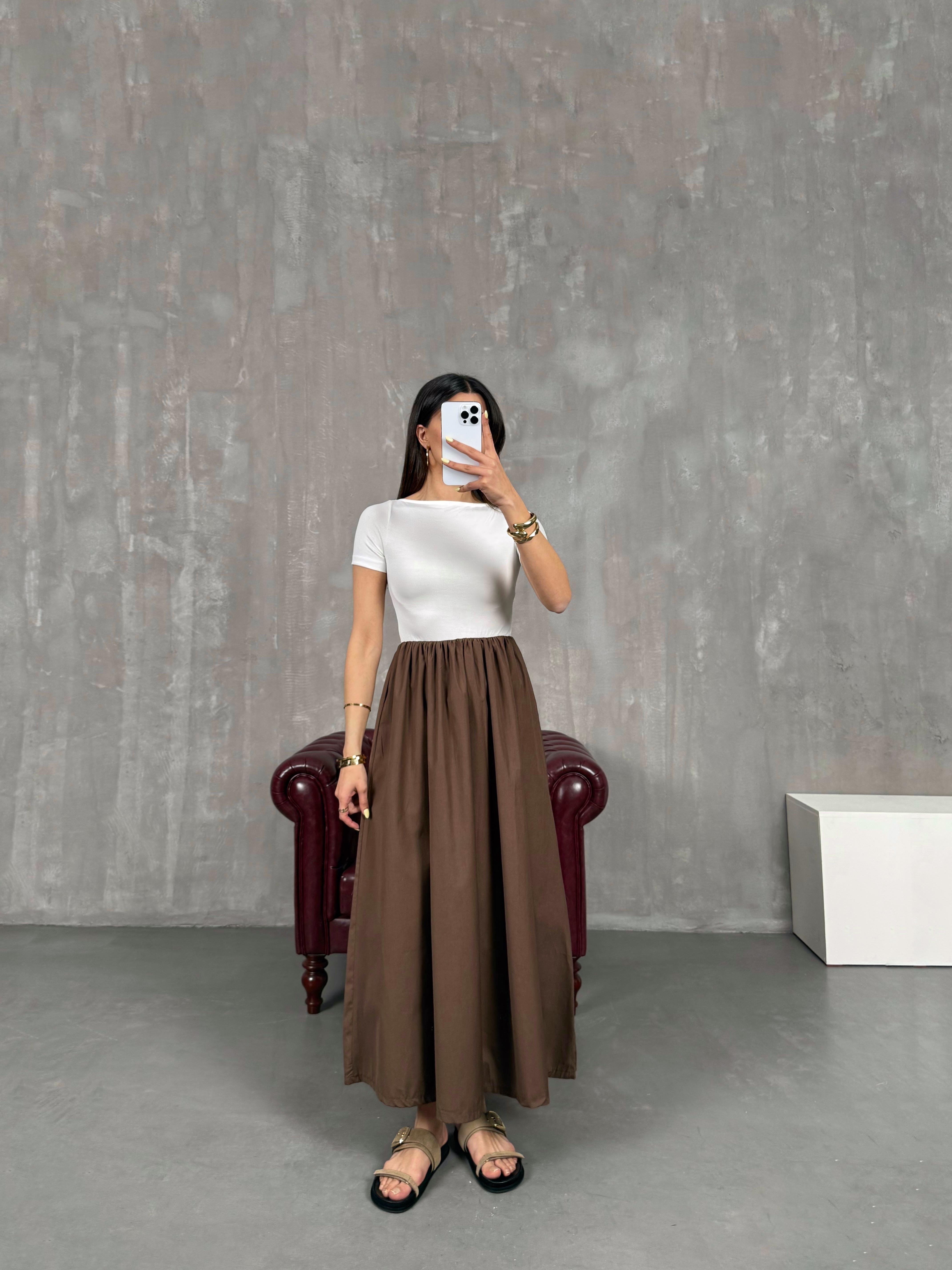 Kahve Kısa Kollu Renk Bloklu Elbise Gaus00124GausELBİSEGU1001280