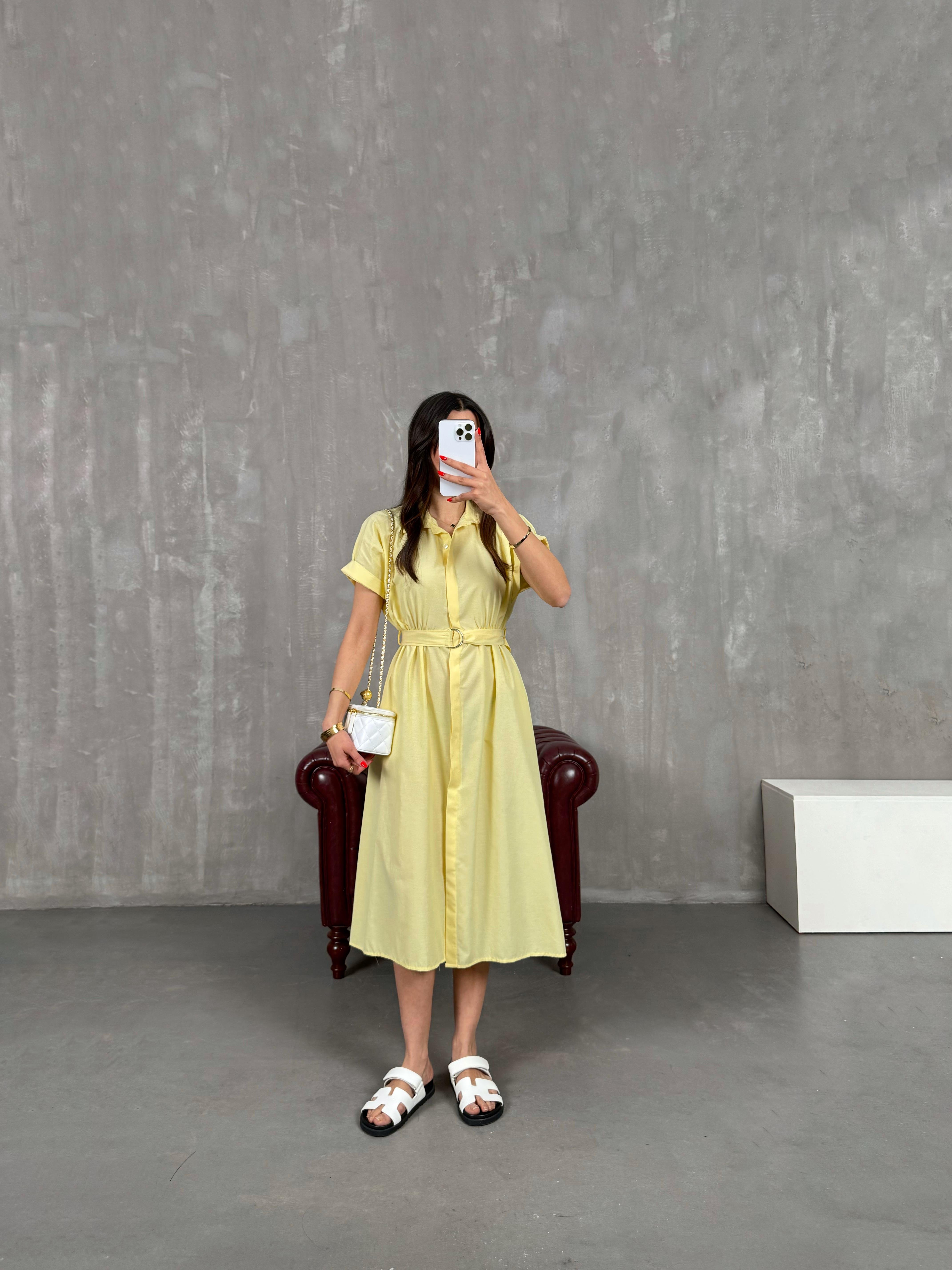 Sarı Ön Düğmeli Kuşaklı Beli Lastikli Gömlek Yaka Elbise Gaus00178GausDressesGU1001414