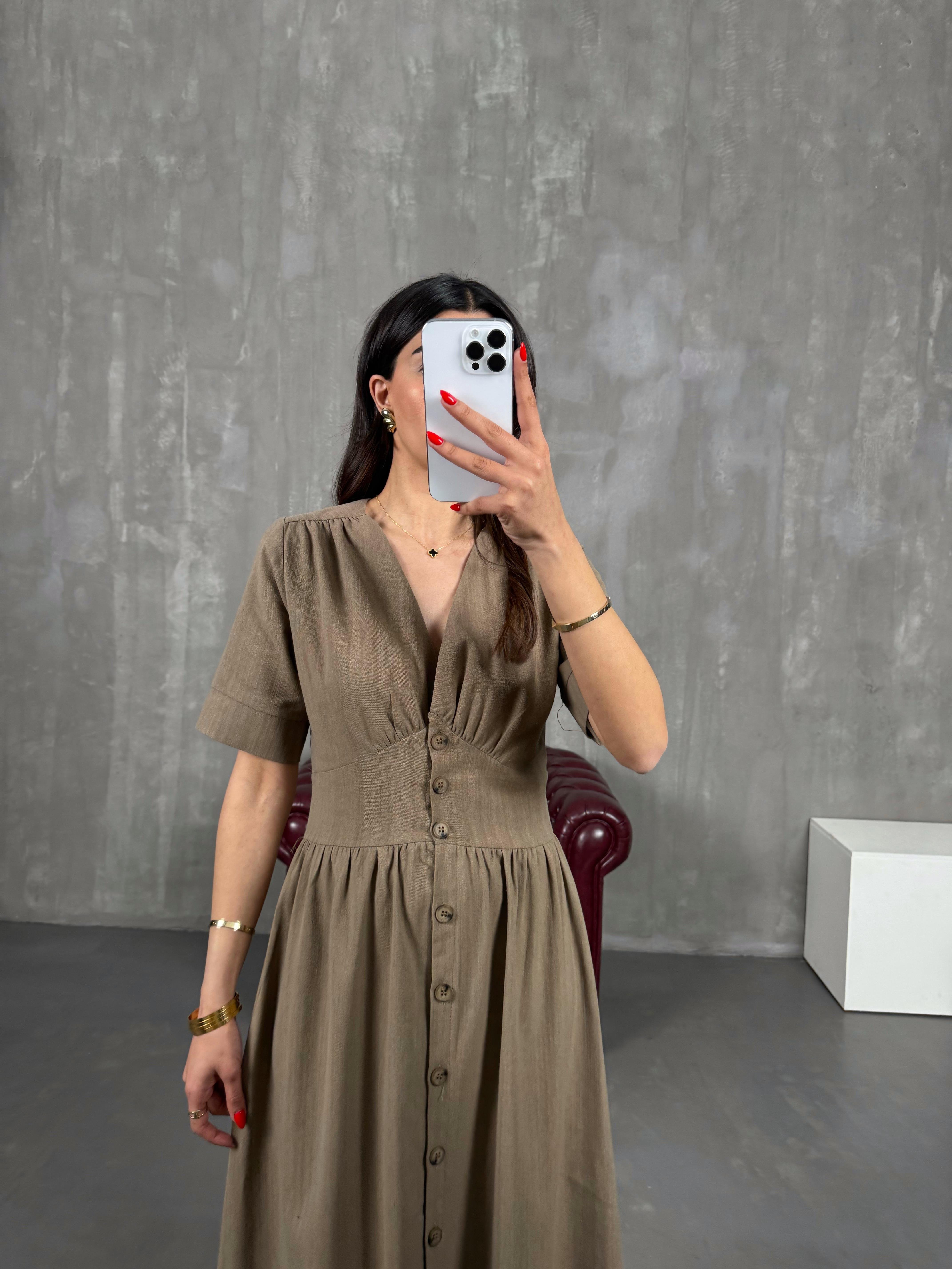 Kahve V Yaka Düğmeli Keten Elbise Gaus00169GausELBİSEGU1001391