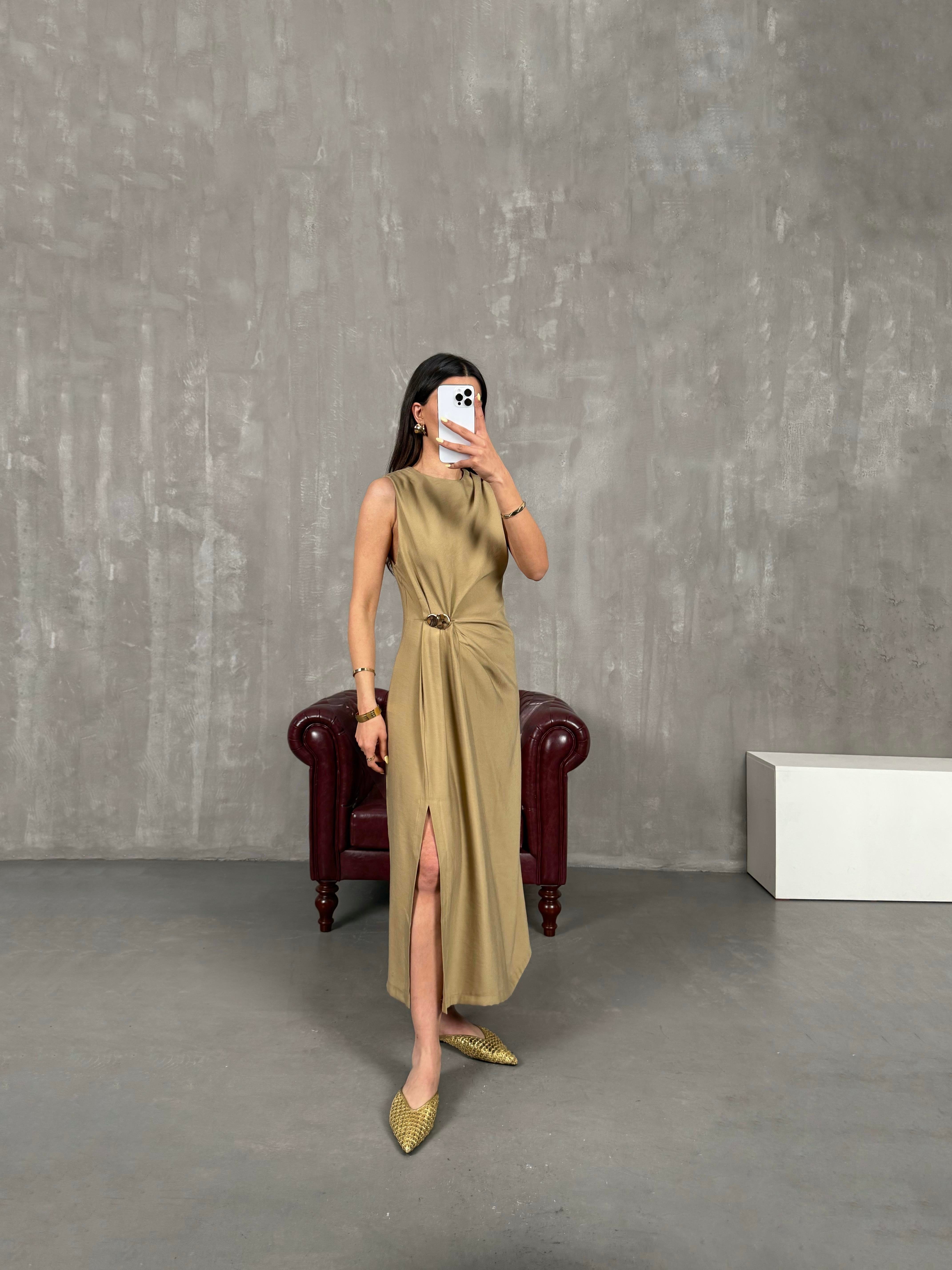 Haki Sıfır Kol Gold Detaylı Yırtmaçlı Elbise Gaus00141GausELBİSEGU1001325