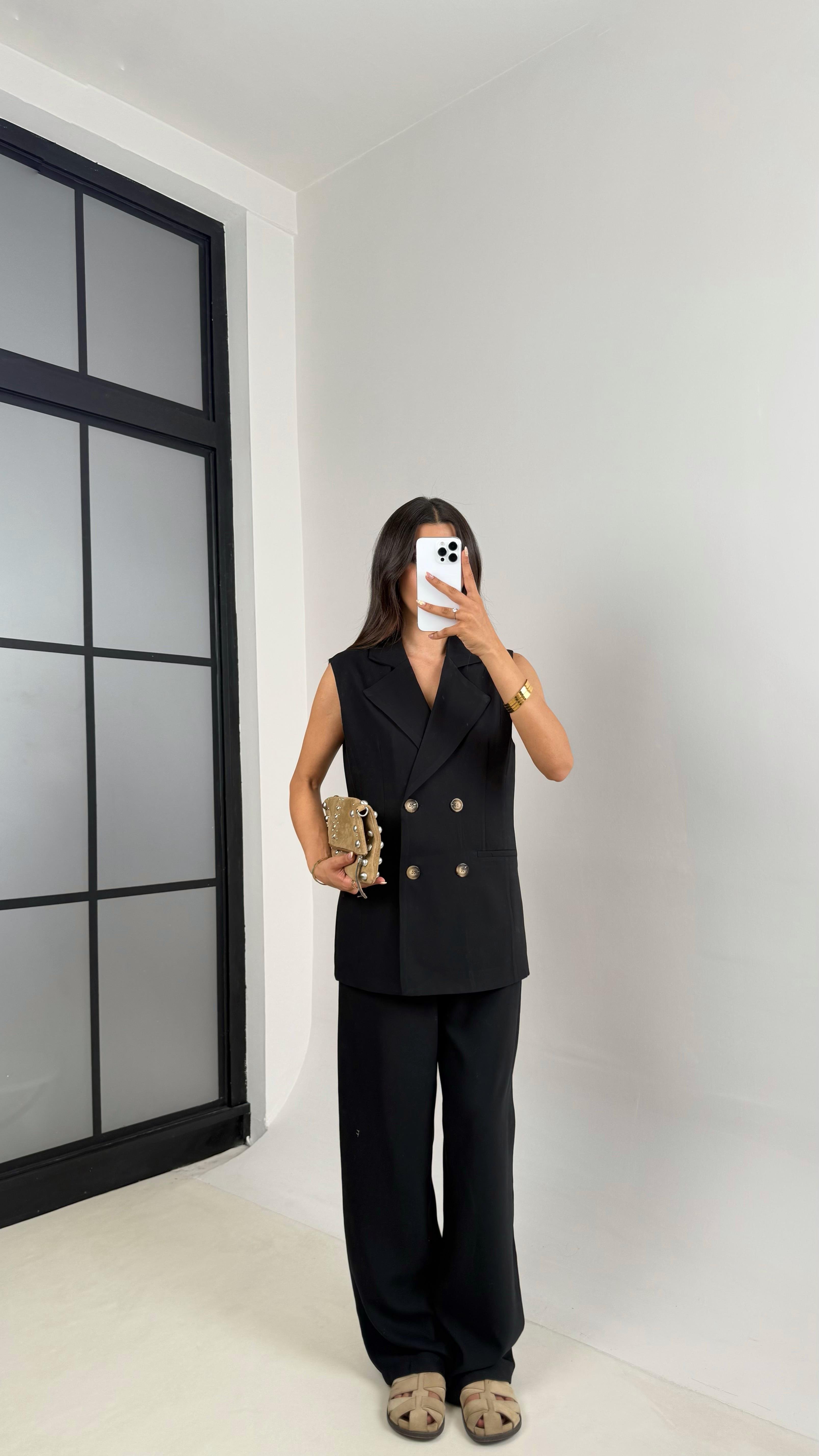 Siyah Önü Düğmeli Astarlı Yelek Beli Lastikli Pantolon Premium Kumaş Takım Gaus00653GausTAKIMGU1002516