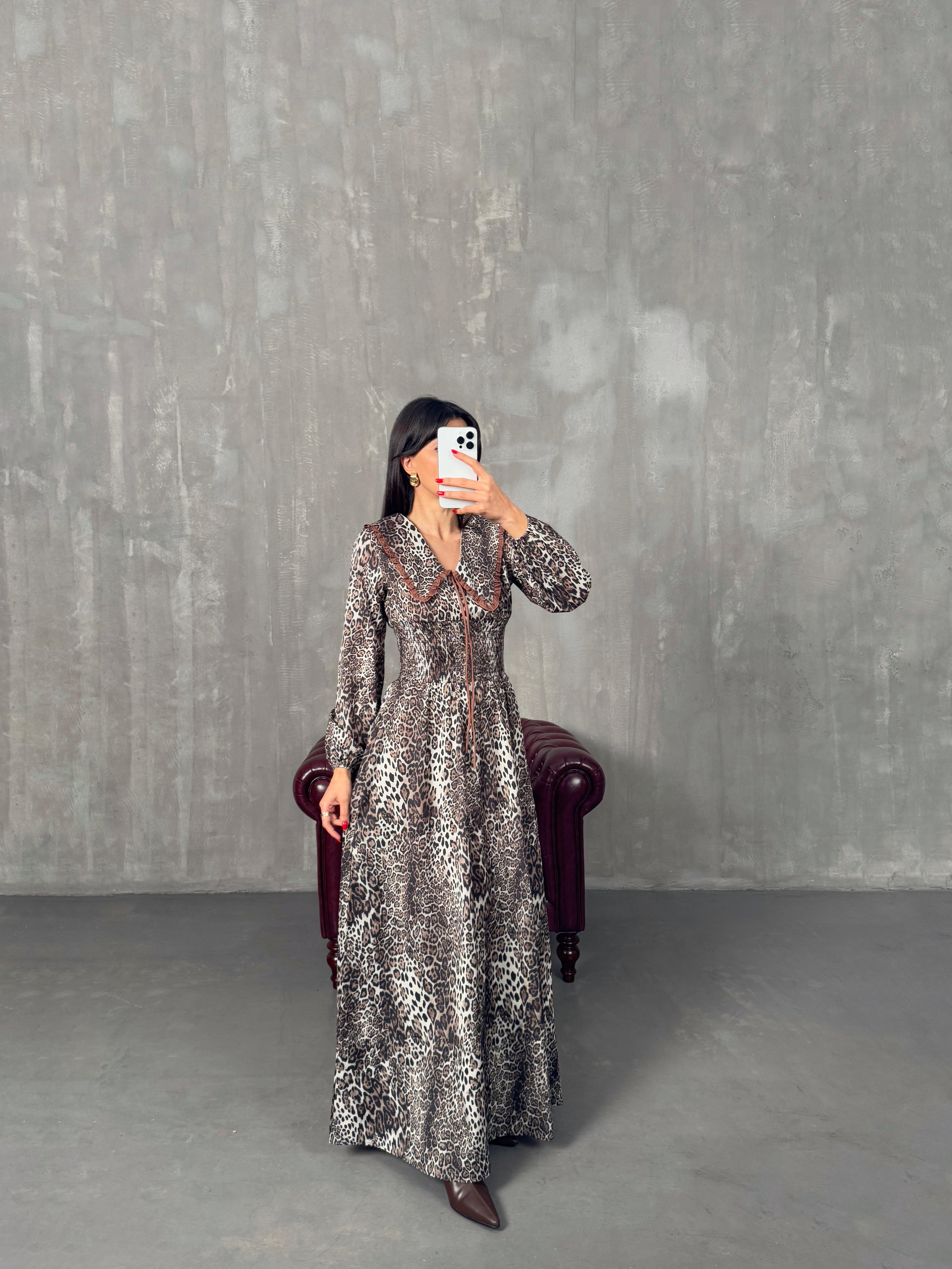 Leopar Desenli Yakalı Beli Lastikli ElbiseGausELBİSEGU00904330