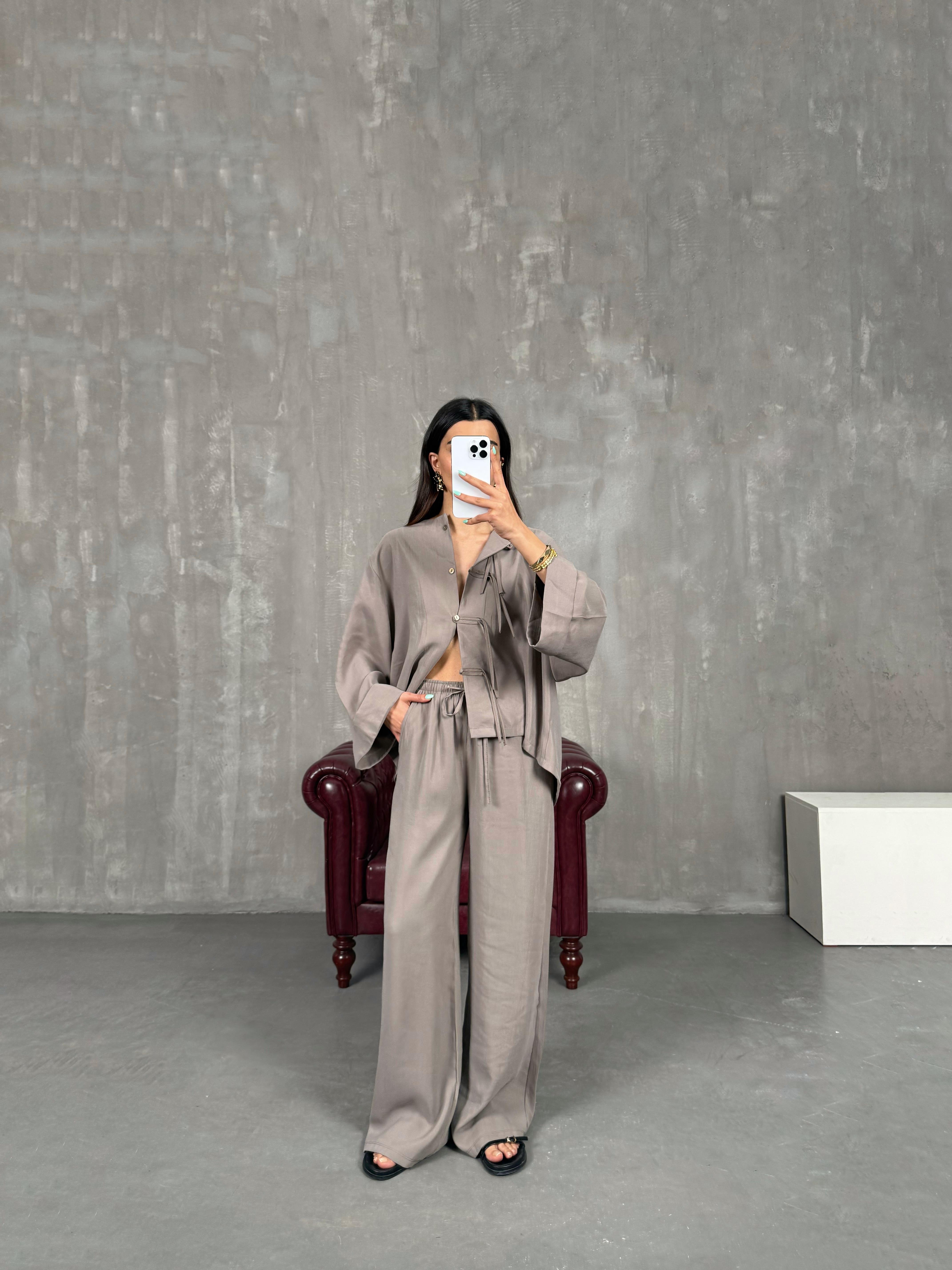 Vizon Yaka Düğmeli Gömlek Beli Lastikli Pantolon Tensel Takım Gaus00238GausTAKIMGU1001552