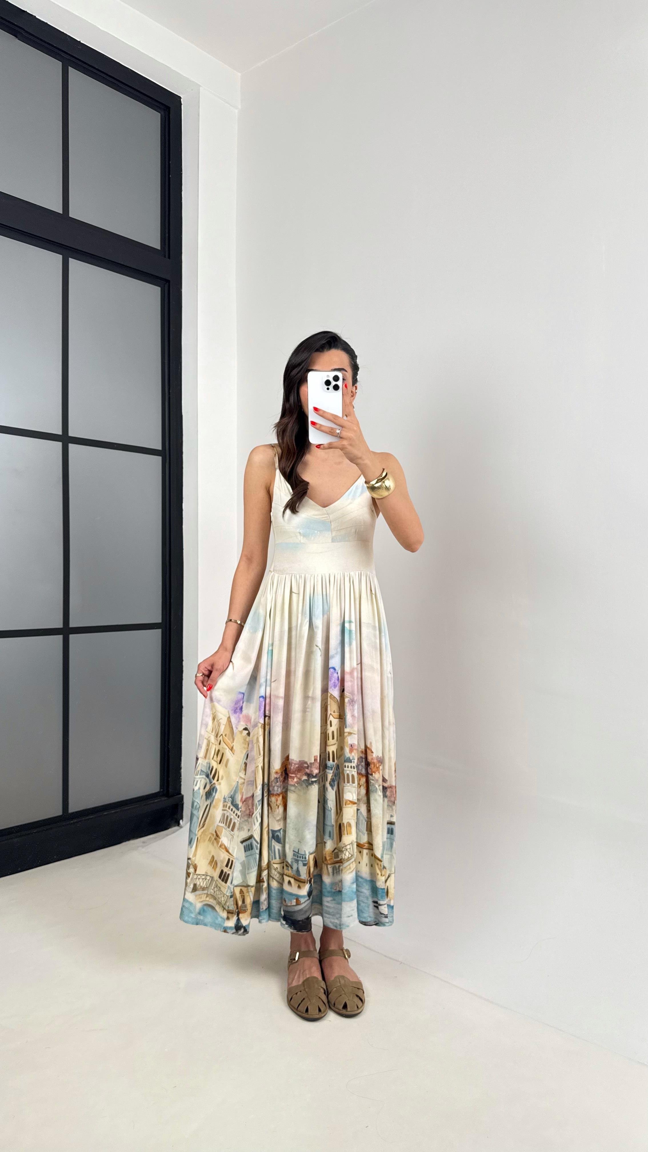 Taş Ayarlanabilir Askılı Desenli İthal Kumaş Tasarım Elbise Gaus00457GausELBİSEGU1002066