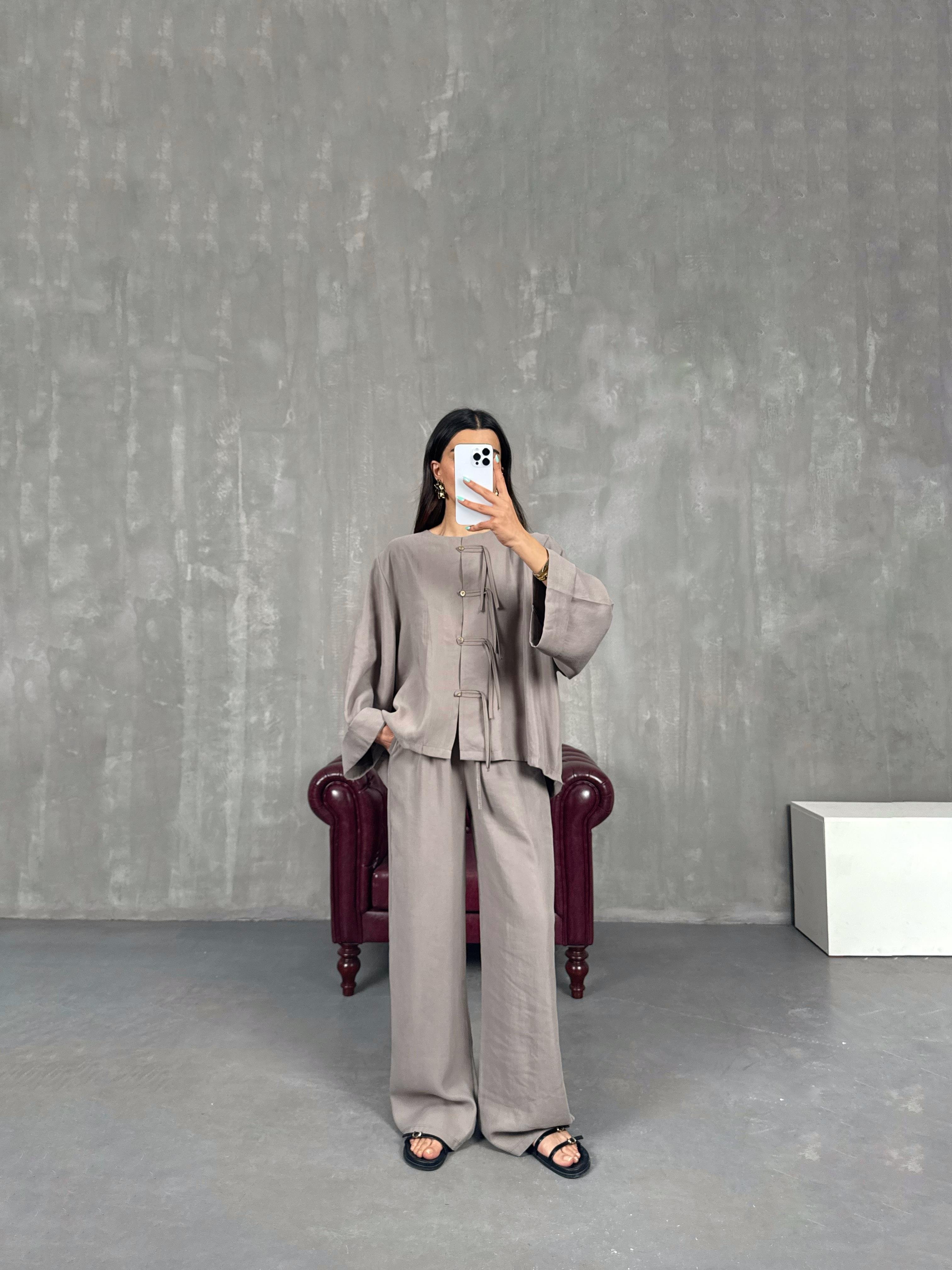 Vizon Yaka Düğmeli Gömlek Beli Lastikli Pantolon Tensel Takım Gaus00238GausTAKIMGU1001552