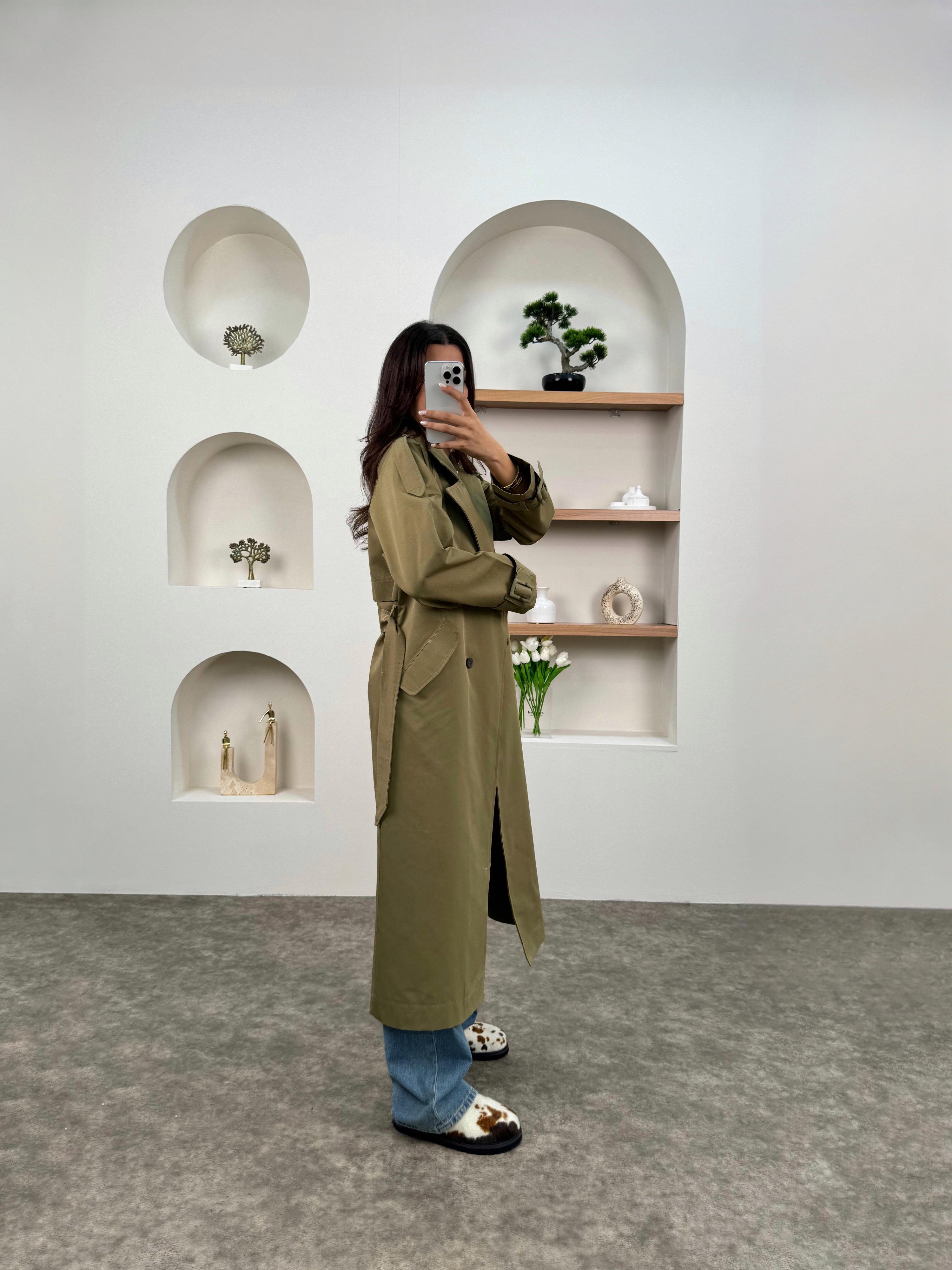Zaria Haki Kemerli Astarsız TrençkotGausKABANGU00903431