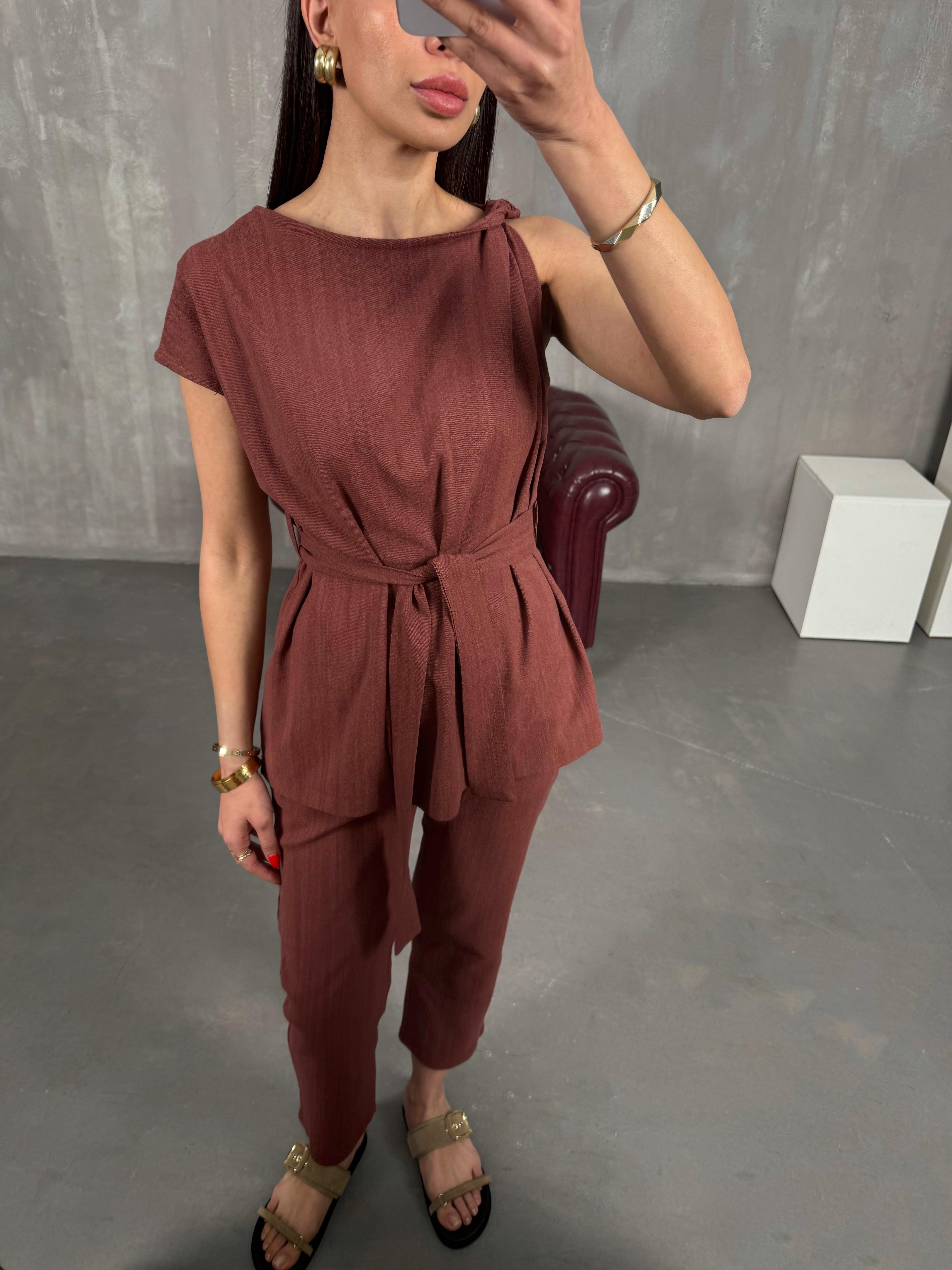 Kiremit Omuz Detaylı Kuşaklı Keten Takım Gaus00188GausTAKIMGU1001435