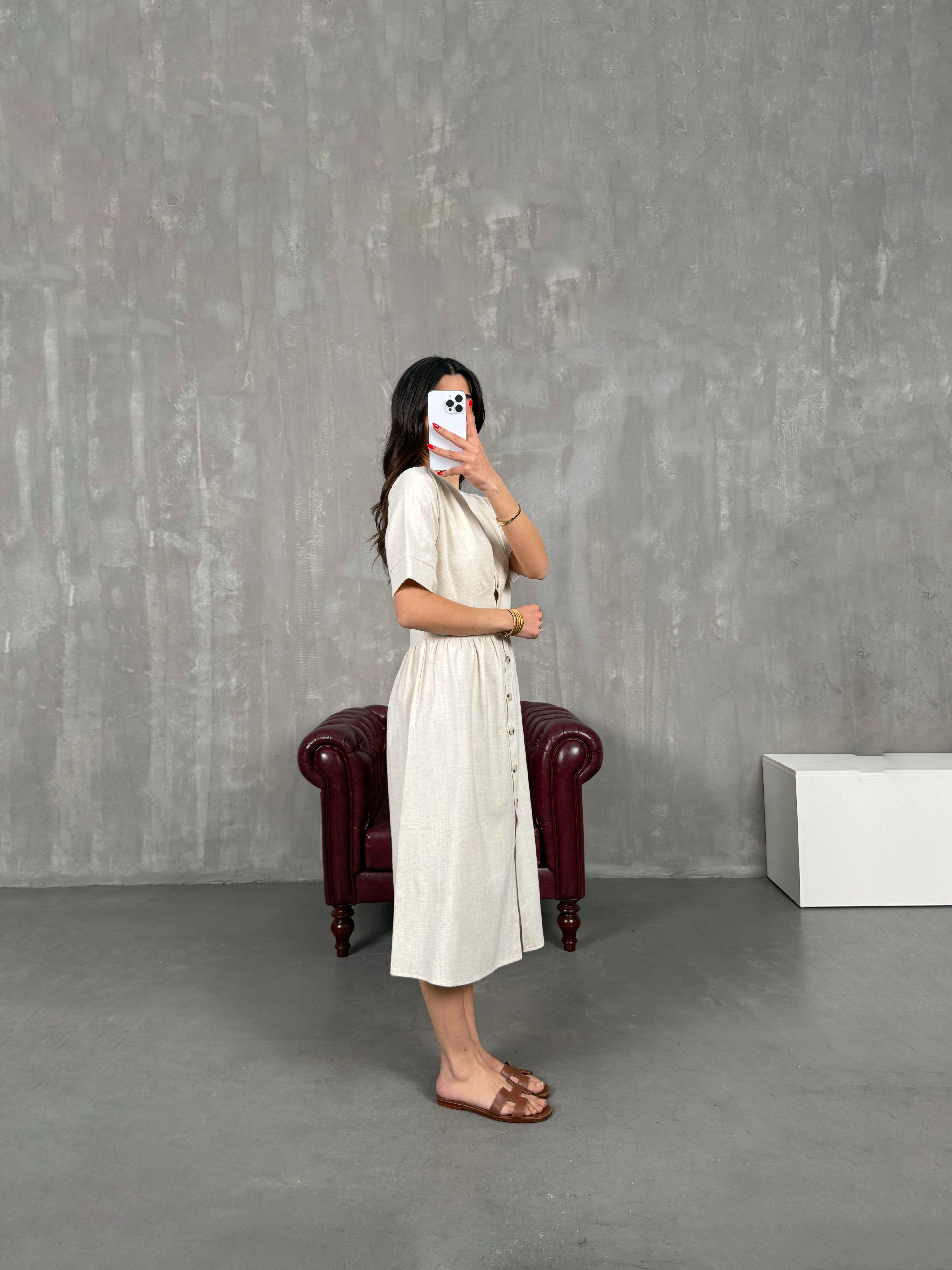 Taş V Yaka Düğmeli Keten Elbise Gaus00169GausELBİSEGU1001392