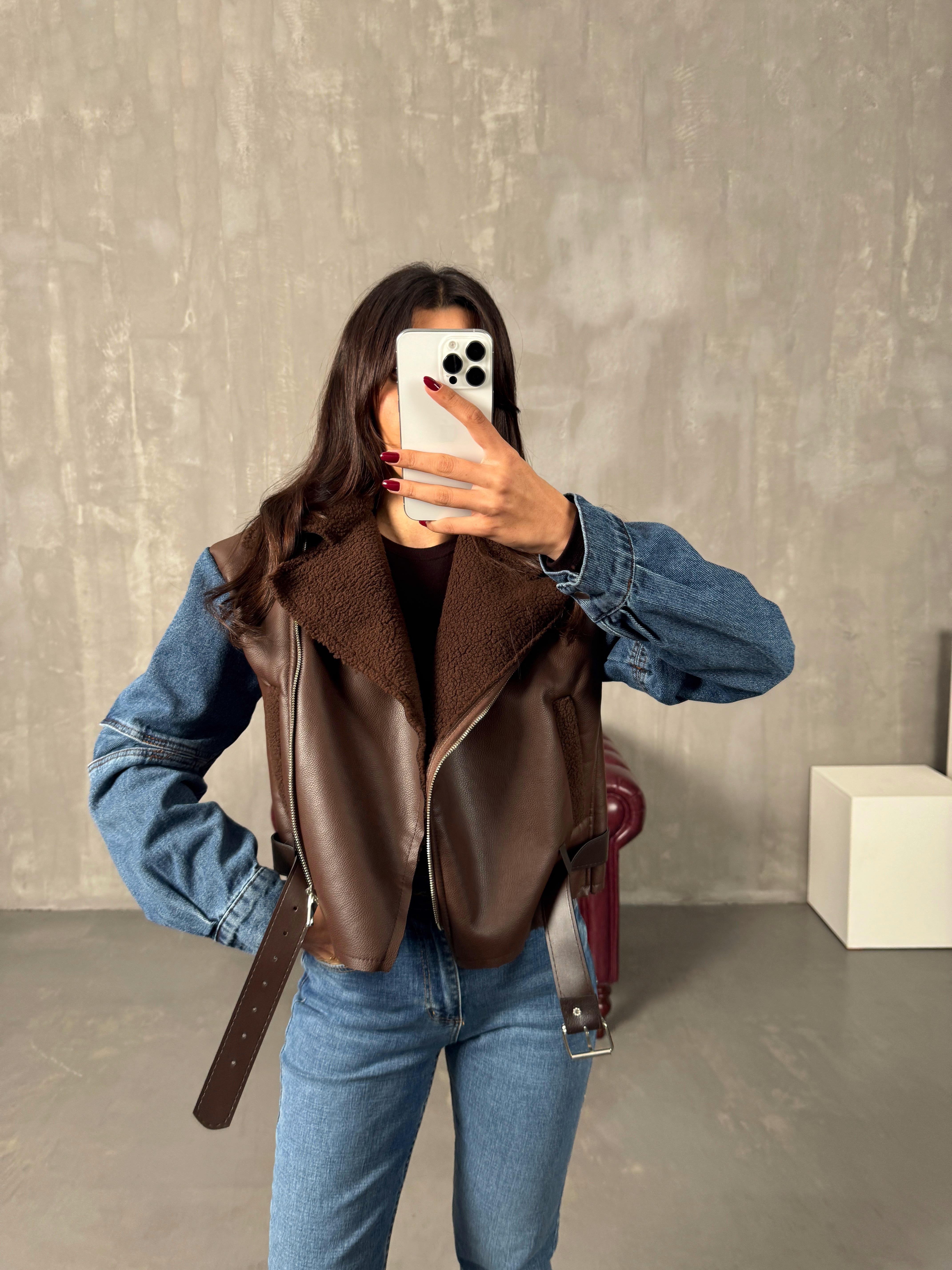 Lordy Kahve Kol Denim Detaylı İçi Kürklü Kemerli Biker MontGausMONTGU00903882