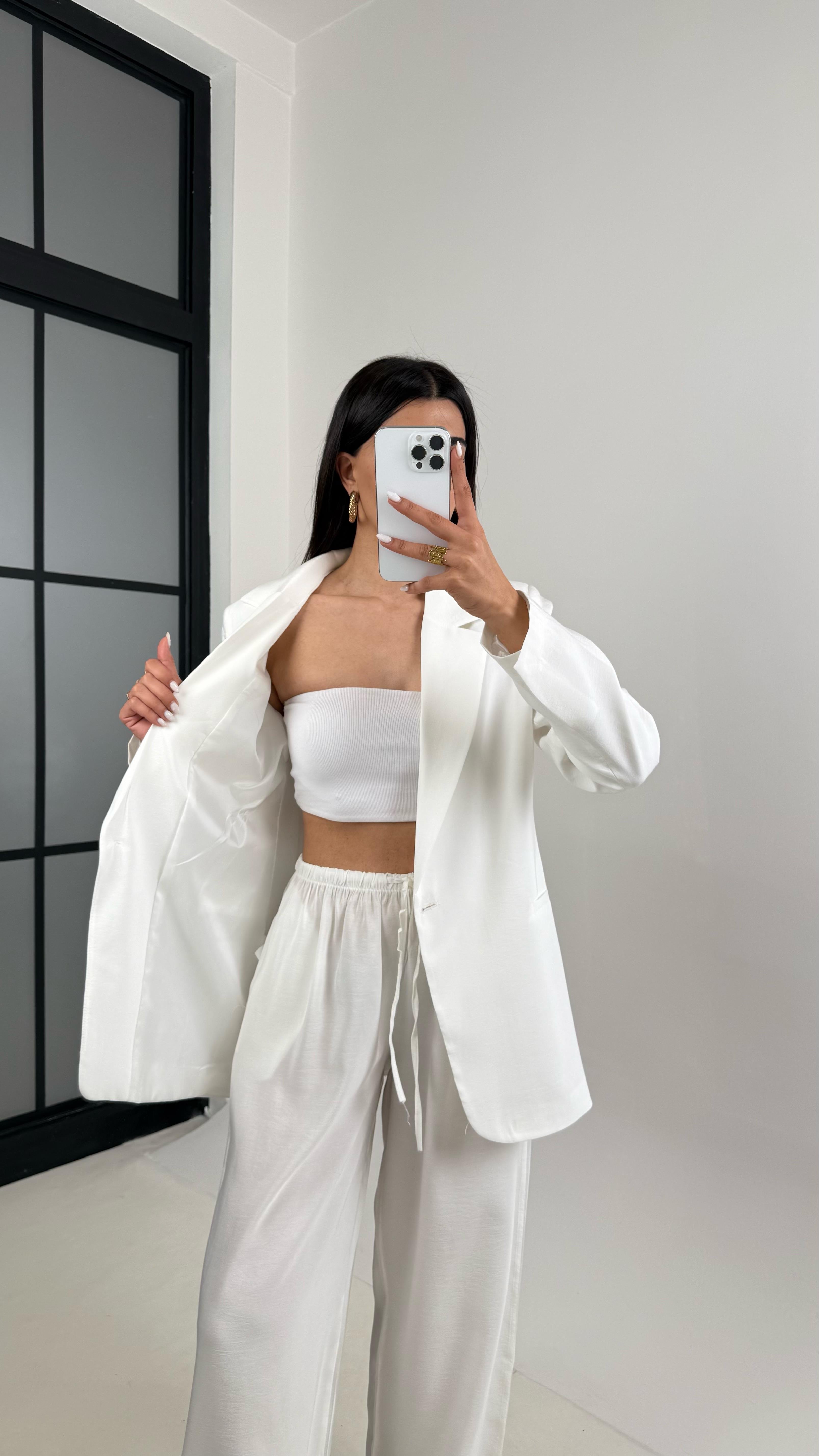 Beyaz Astarlı Blazer Ceket Beli Lastikli Pantolon Tensel Takım Gaus00444GausTAKIMGU1002035