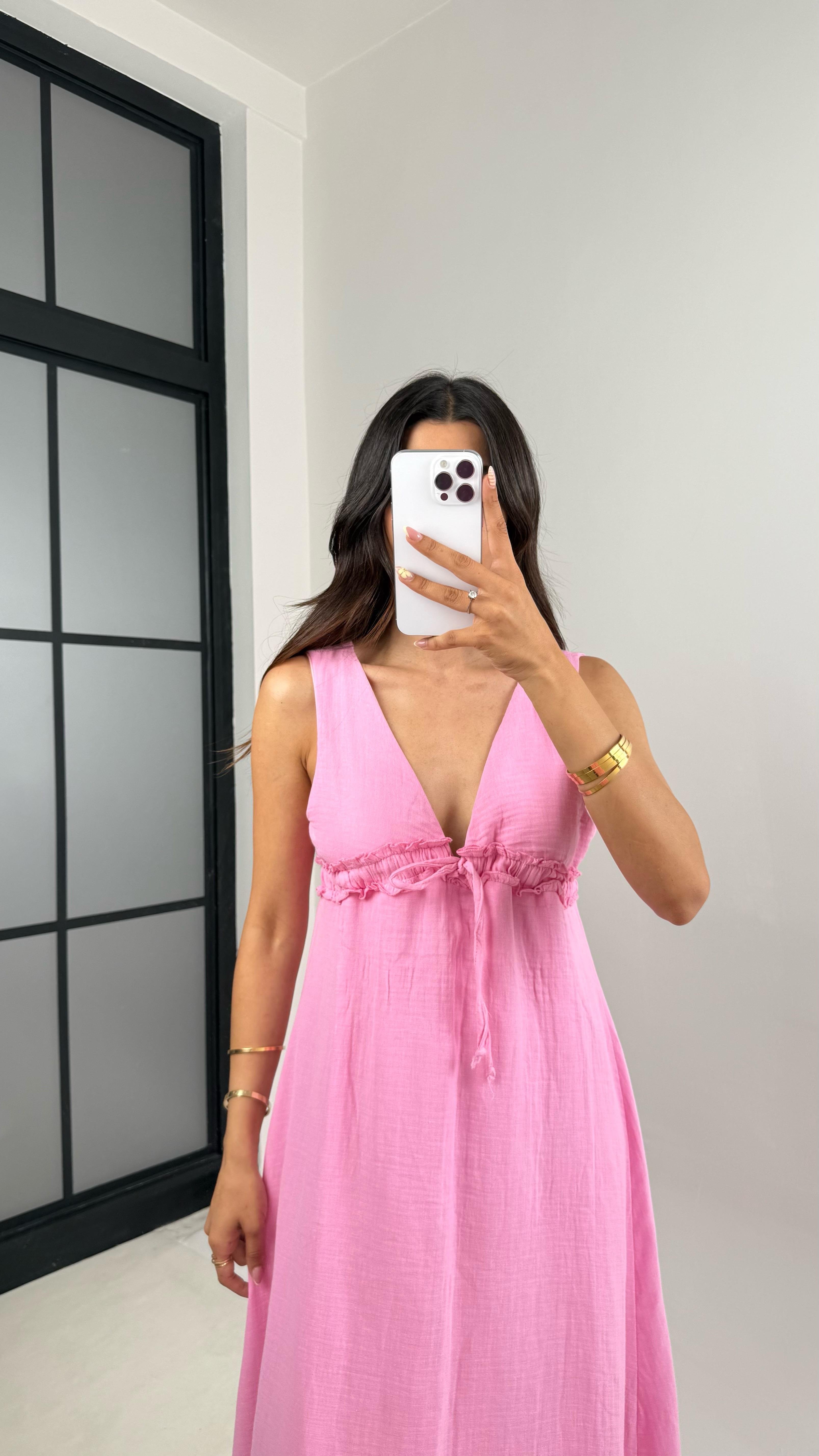 Pembe V Yaka Beli Ayarlanabilir Lastikli Astarlı Müslin Elbise Gaus00680 GausELBİSEGU1002570