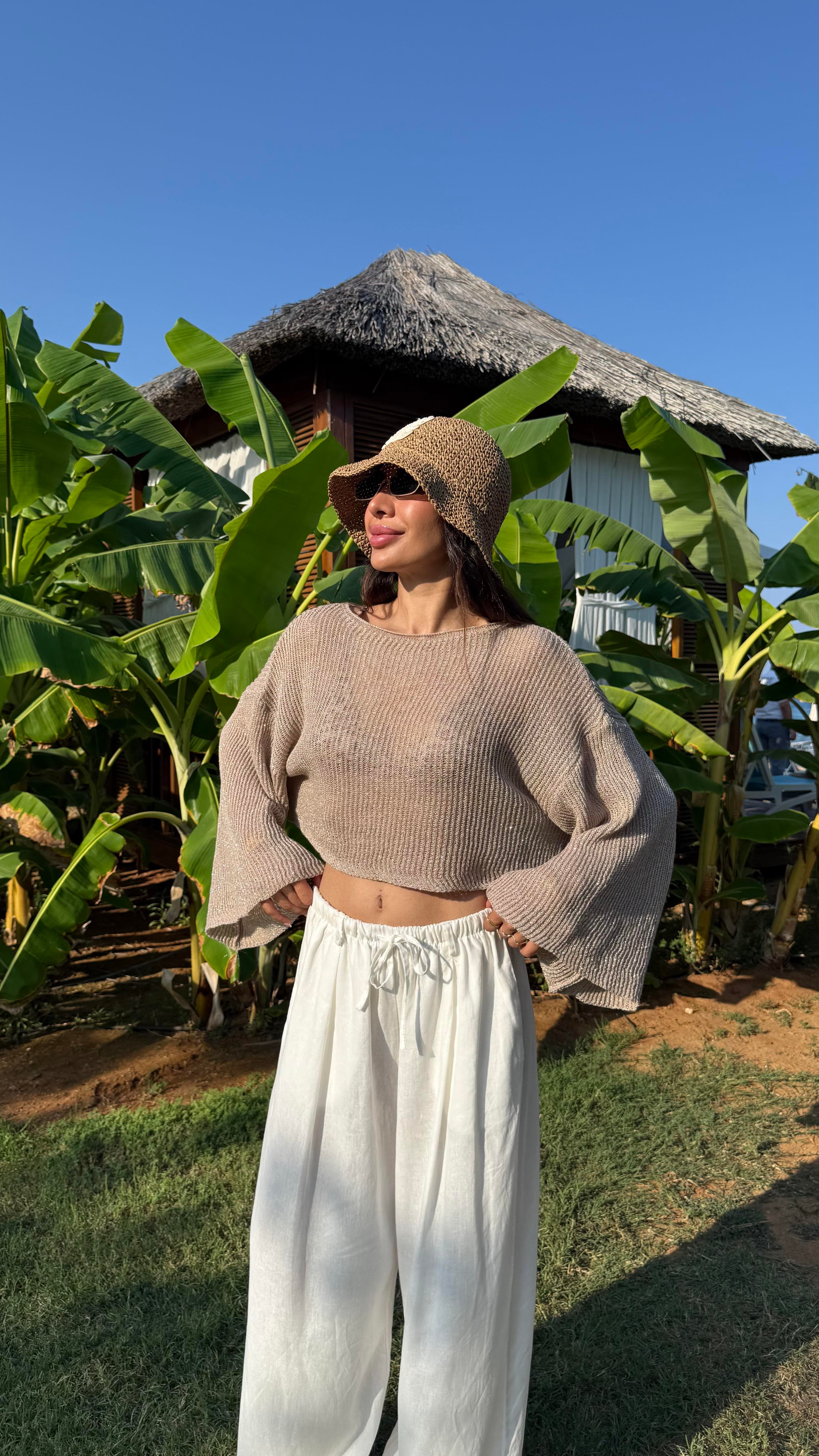 Haki Önden Bağlamlı Beli Lastikli Bluz Etek İkili Kırışık Tencel Takım Gaus00655Gausالكروب توب GU1002520