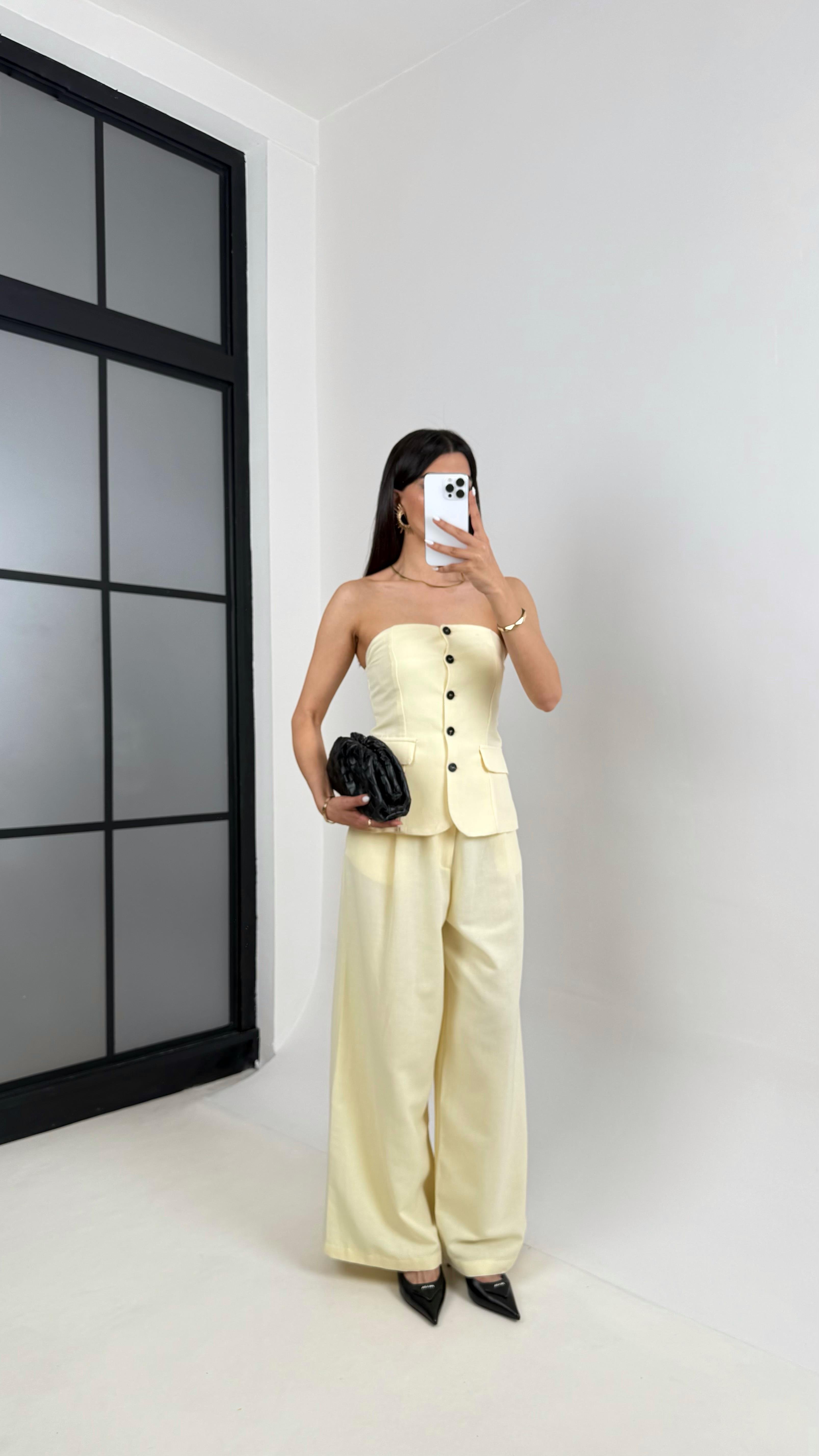 Sarı Straplez Düğmeli Üst Cepli Pantolon İkili Keten Tasarım Takım Gaus00440GausTAKIMGU1002020