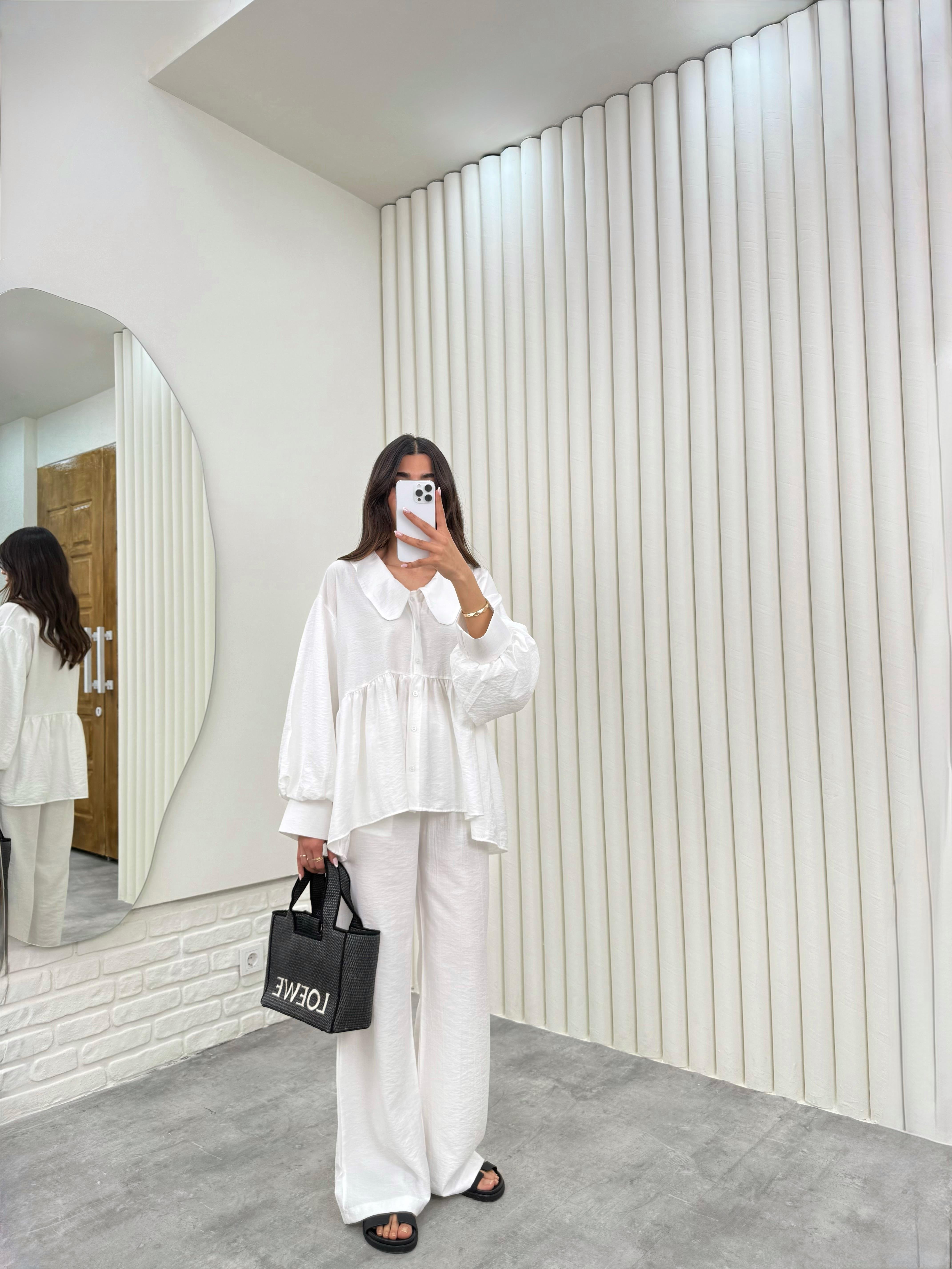 Beyaz Bağlamalı Bebe Yaka Üst Beli Lastikli Cepli Pantolon İthal Kumaş Takım Gaus00292GausTAKIMGU1001677